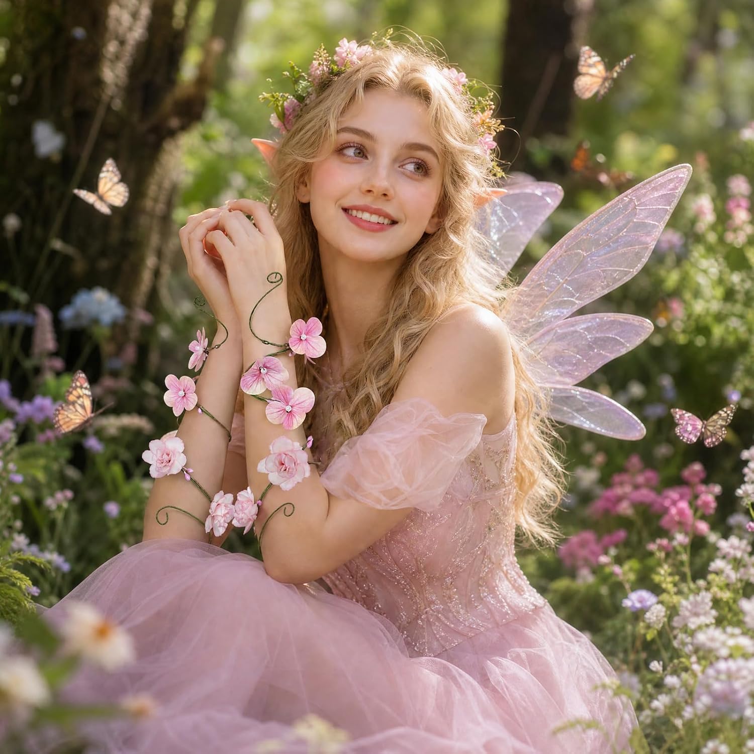choyaxo 2 Pcs Fairy Costume Accessories Flower with Pearl Arm Wraps Headband Elf Costume Renaissance Accessories for Women image 5