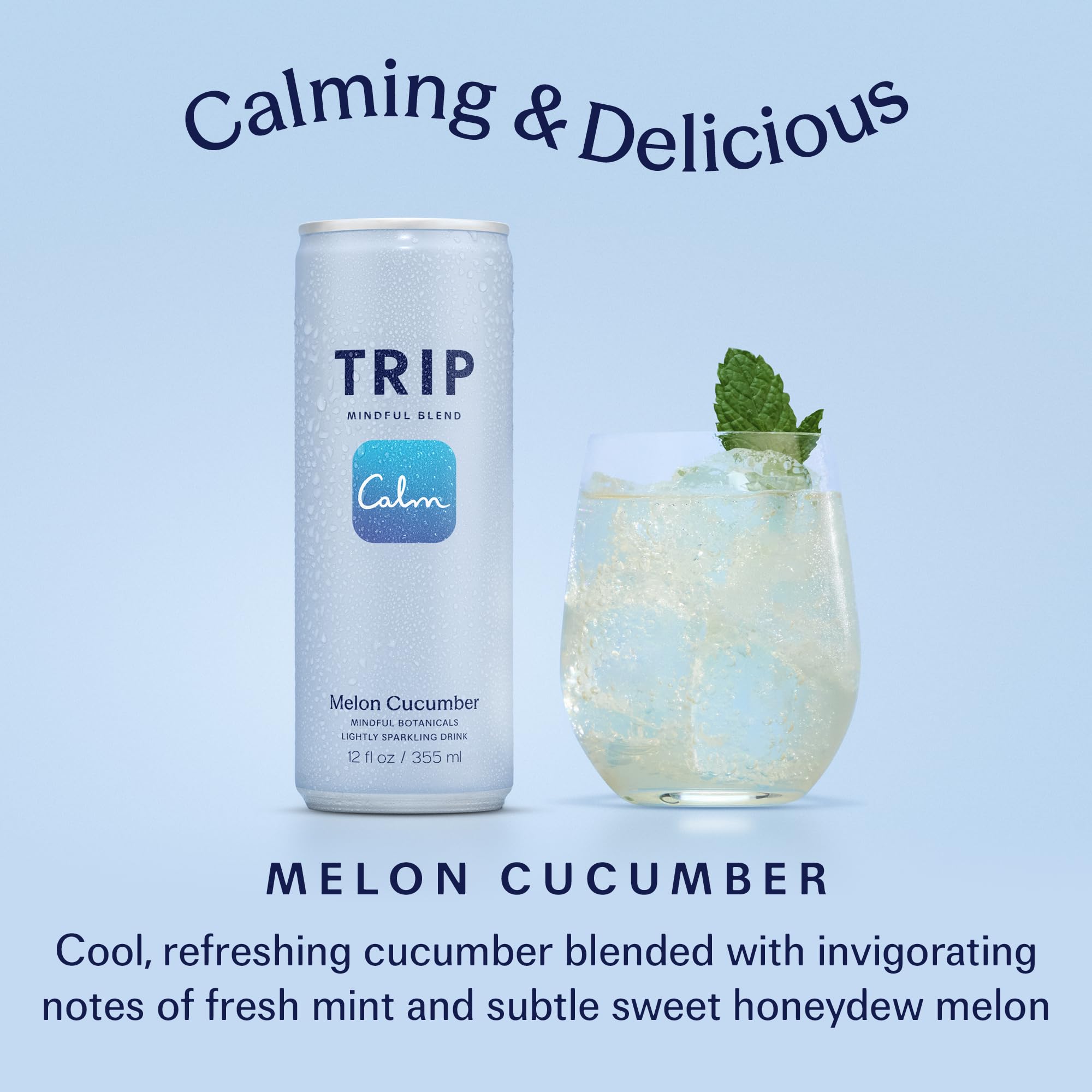 TRIP Lightly Sparkling Adaptogen Drink, Non Alcoholic Drink with Magnesium, Ashwagandha, Lions Mane & L Theanine, No Added Sugar Mocktail, Vegan, Melon Cucumber, 12 Oz, 12Pk