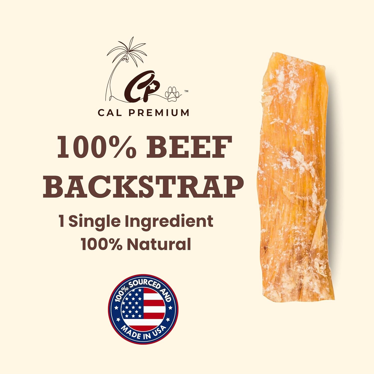 Natural Beef Backstrap Chews for Dogs, 4-6 inch, 100% USA Sourced & Made, Single Ingredient, High Protein, Healthy Long Lasting Chews - 35 Count (Package May Vary)