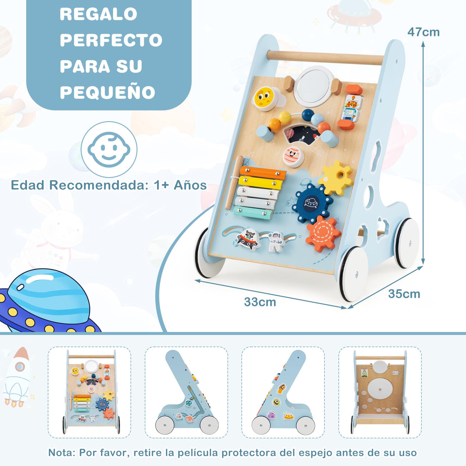 COSTWAY Andador Bebés de Madera 8 en 1, Caminador de Madera Bebé, Centro de Actividades de Aprendizaje de Empujar, Juguete Montessori con Ruedas, Carrito Correpasillos para Niños de 1+ Años (Azul)