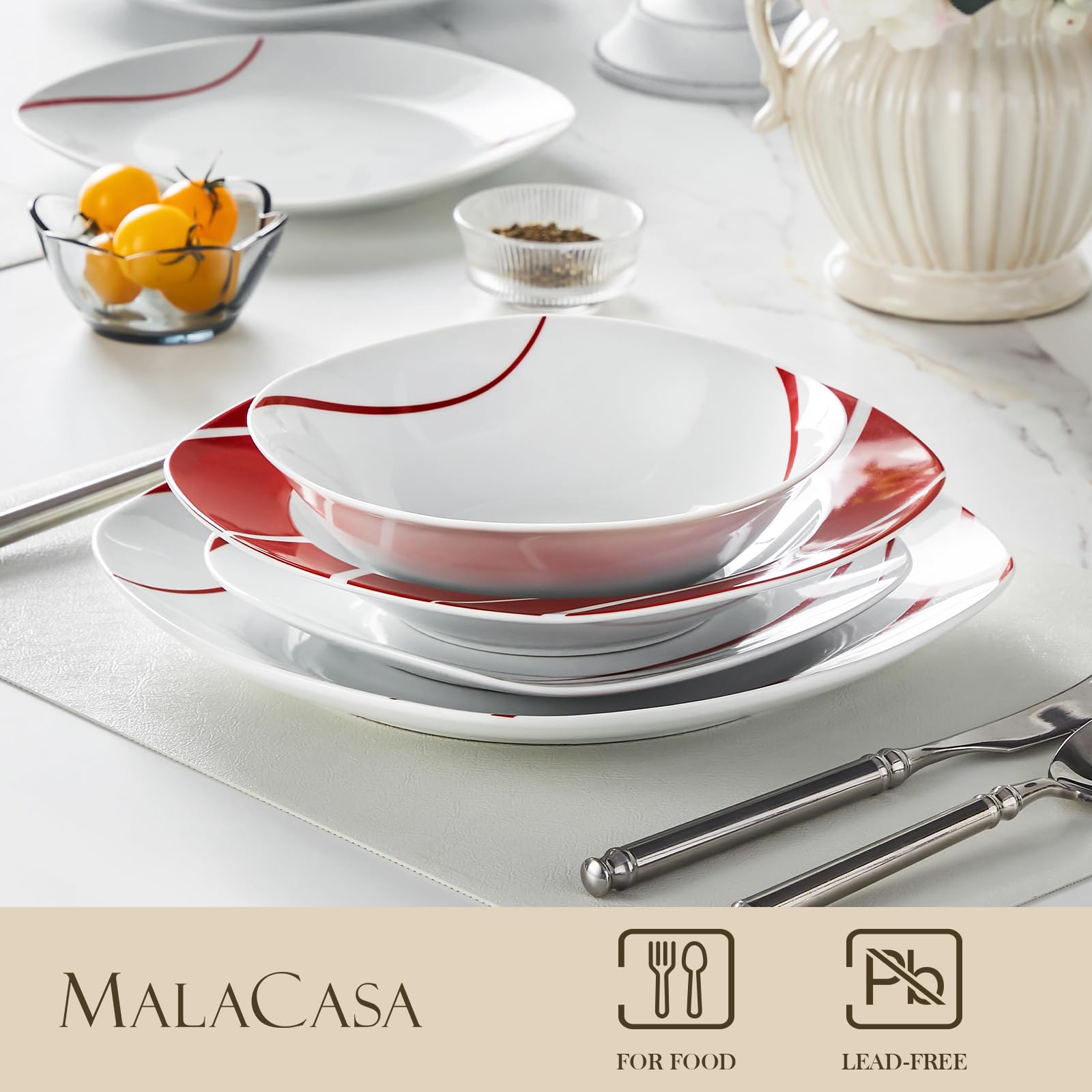 MALACASA Geschirrset 6 Personen, Felisa 24tlg Tafelservice aus Porzellan, Modernes Geschirr Set mit je 6 Speiseteller, Dessertteller, Suppenteller und Schüsseln, perfekt für Weihnachten und den Alltag