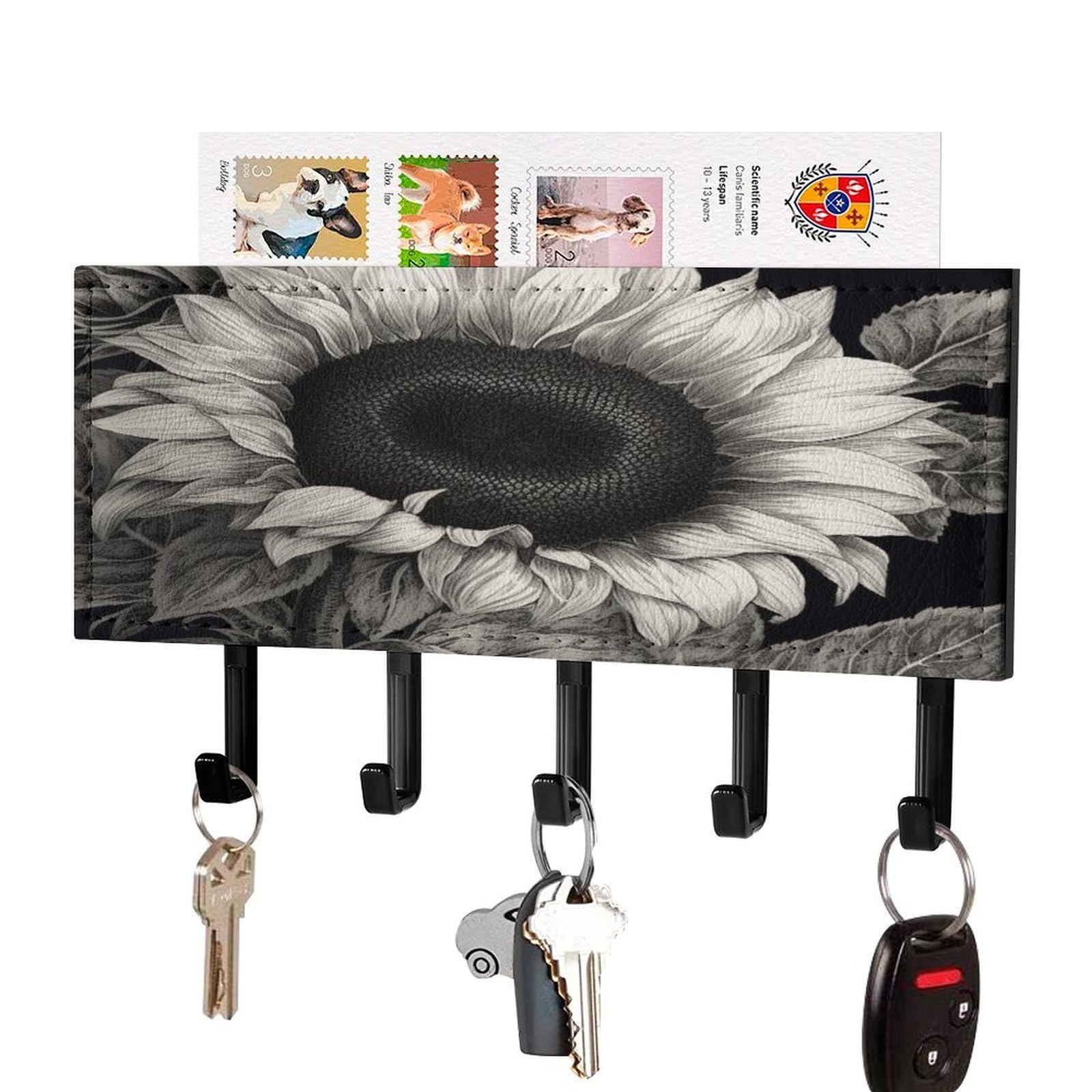 FekiLoot Sunflower Black Grey Key Holder Wall Mount Key Hanger with 5 Hooks Decorative Key Rack Hanging Key Hooks with Mail Organizer Key Holder for Wall Living Room Kitchen Bathroom Hallway Black