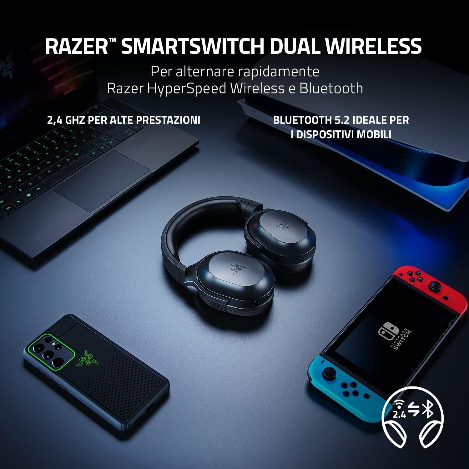 Razer Barracuda X (2022) - Cuffia Wireless Multipiattaperma per Giochi e Dispositivi Mobili (SmartSwitch Dual Wireless, 250 g di Design Ergonomico, TriForce 40 mm, Microfono Cardioide) Nero