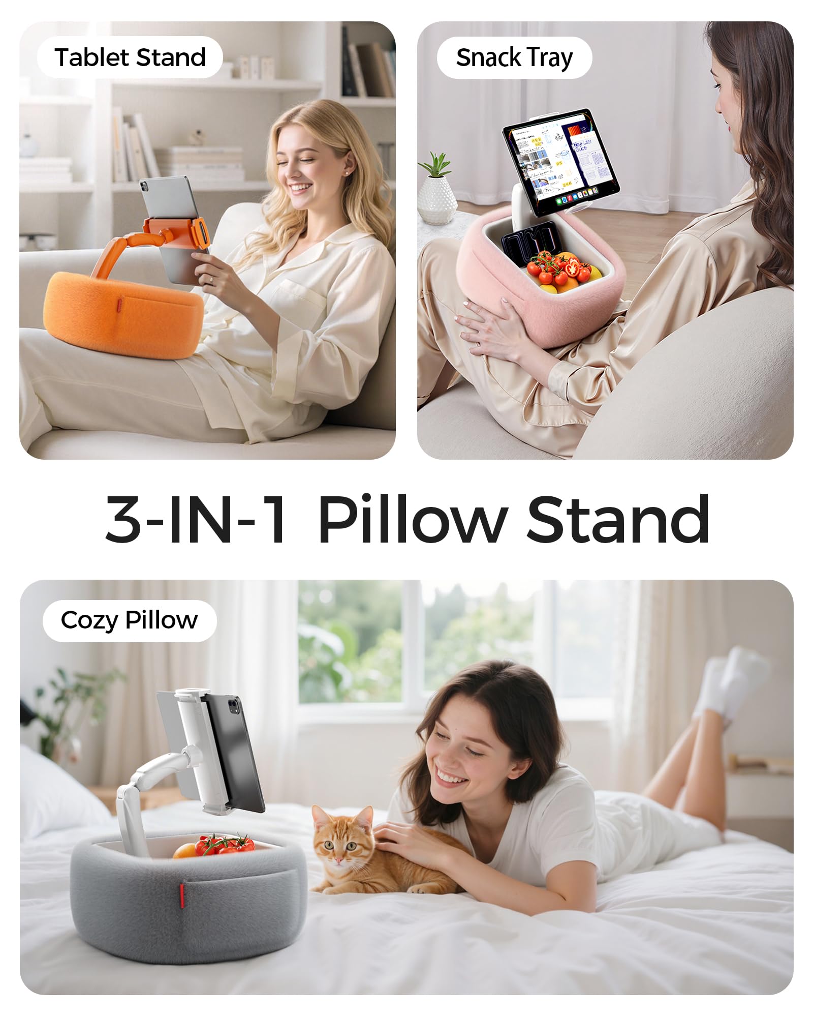 LULULOOK Soporte para Almohada mullida para Kindle Leer,Almohada para Tableta con Bandeja para Aperitivos y Brazo Plegable, para iPad,teléfono y tabletas de 4,7 a 14,6 Pulgadas para Leer en la Cama