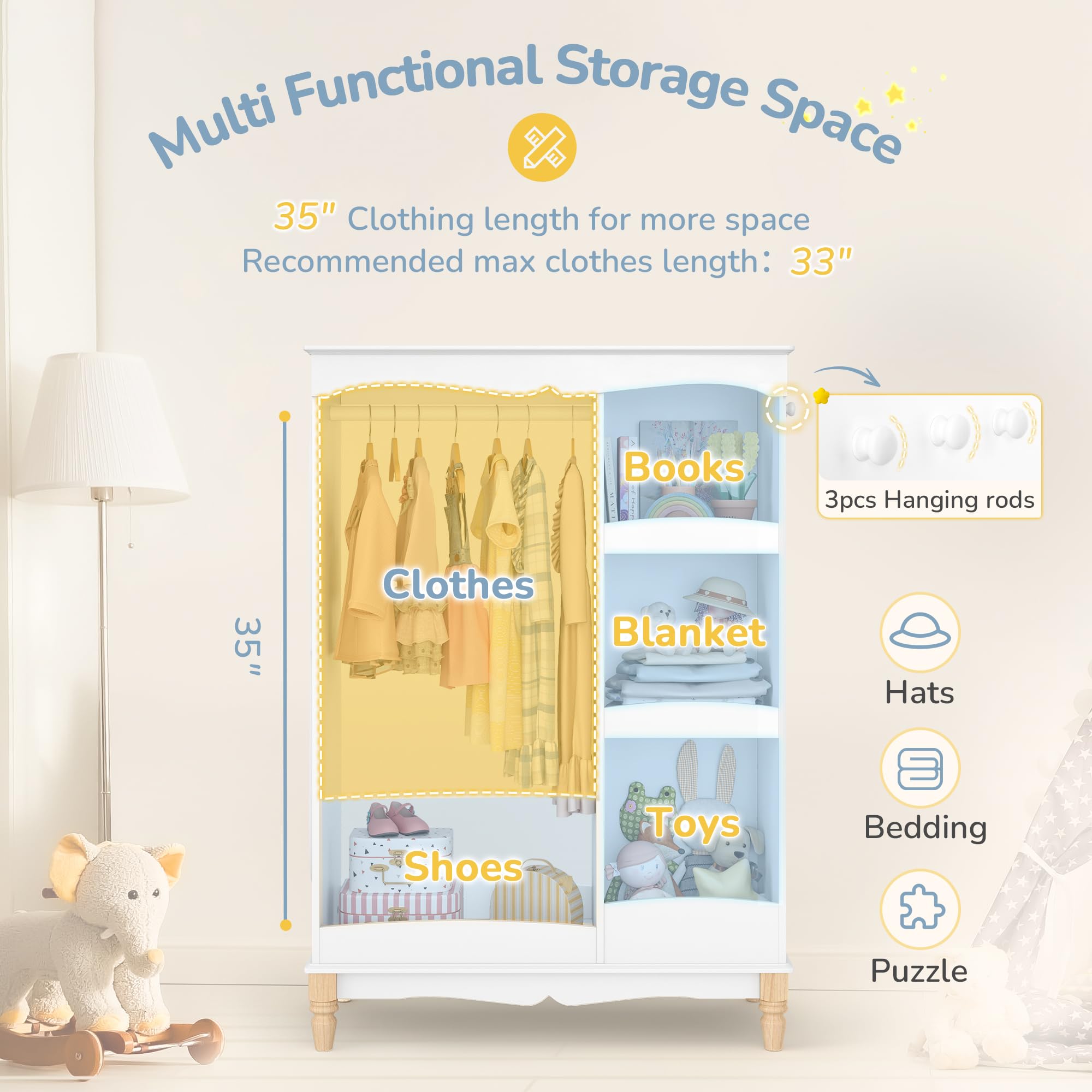 Curipeer Kids Dress Up Storage with Flower Mirror & Wood Legs, Open Hanging Closet Wardrobe for Children, Kids Armoire & Costume Organizer for Bedroom Playroom Preschools Classroom, White