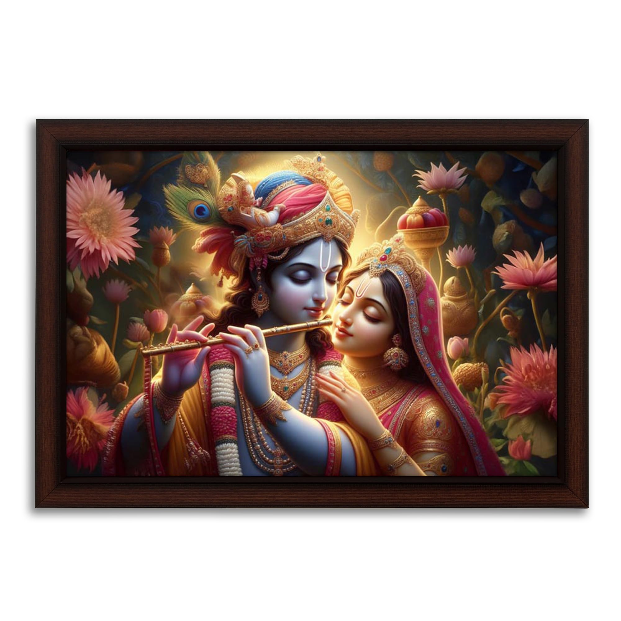 Masstone Radhe Krishna with Flute Wall Painting with UV Textured Effect Framed HD | 50x35 cm Wall Hanging Photos Home Décor Wall Art For Living Room, Bedroom, Drawing room-image-1