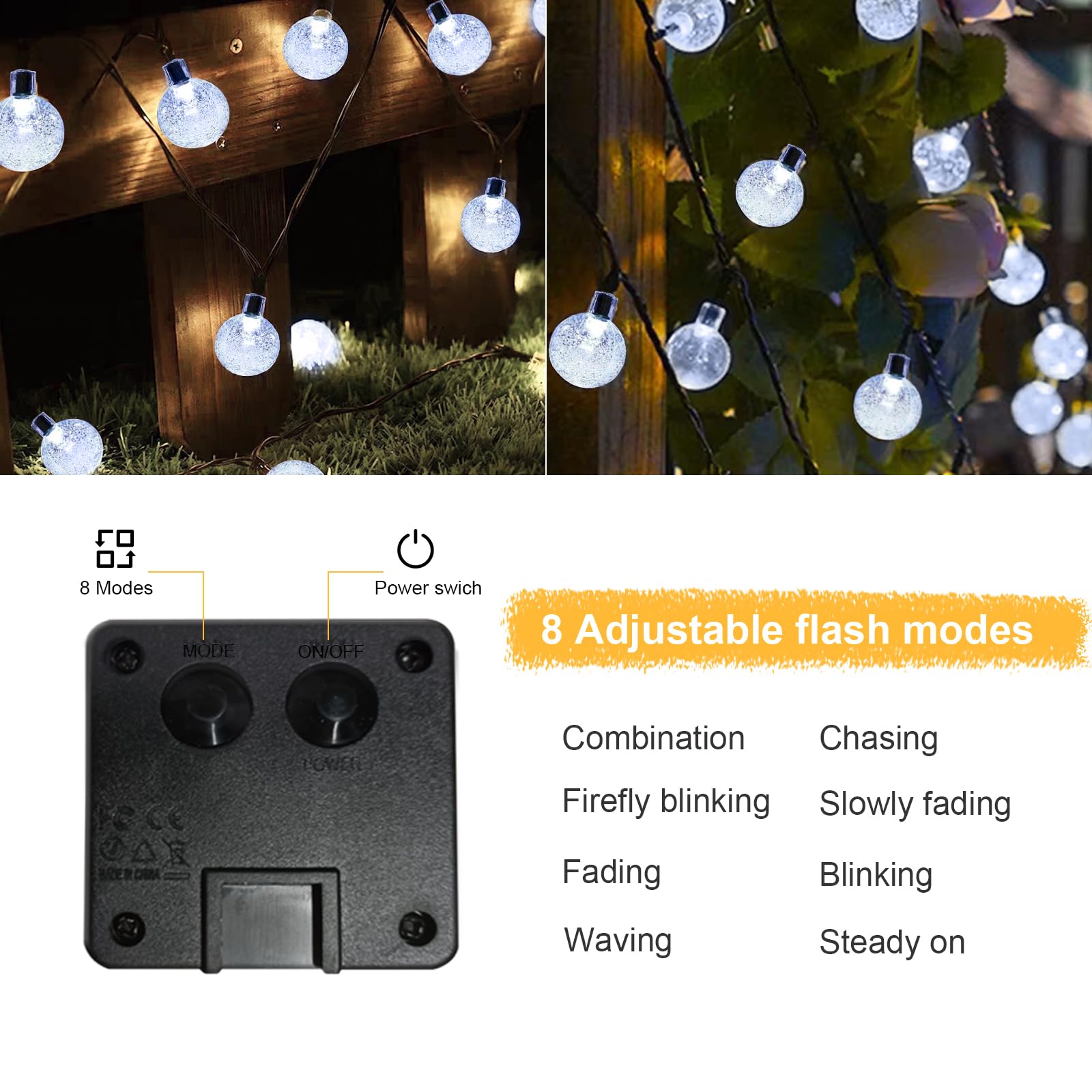 LQWELL® Catena di luci solari per esterni, giardino, luce a energia solare, sfere di cristallo, 40 LED, 10 m, IP44, 8 modalità, per esterni, giardino, terrazza (10M 40LED Bianco)