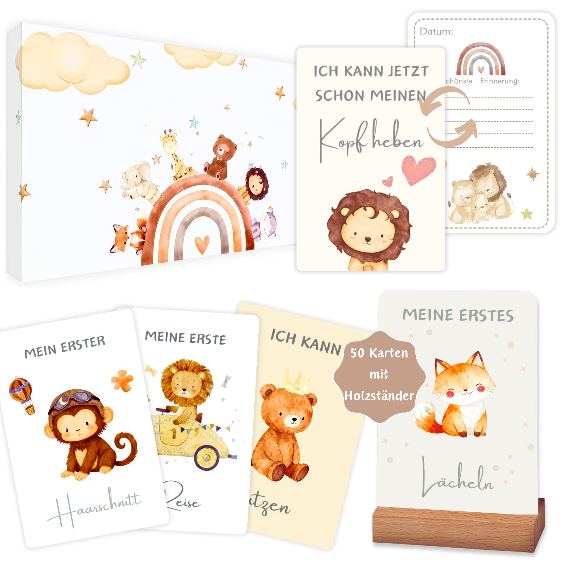 OUIGKUN Meilensteinkarten Baby,50 Boho Meilensteinkarten inkl. Kartenständer aus Holz,Kreative Geschenk für werdende Mütter & Baby für Junge und Mädchen,Geschenk zur Geburt,Taufe oder Babyparty