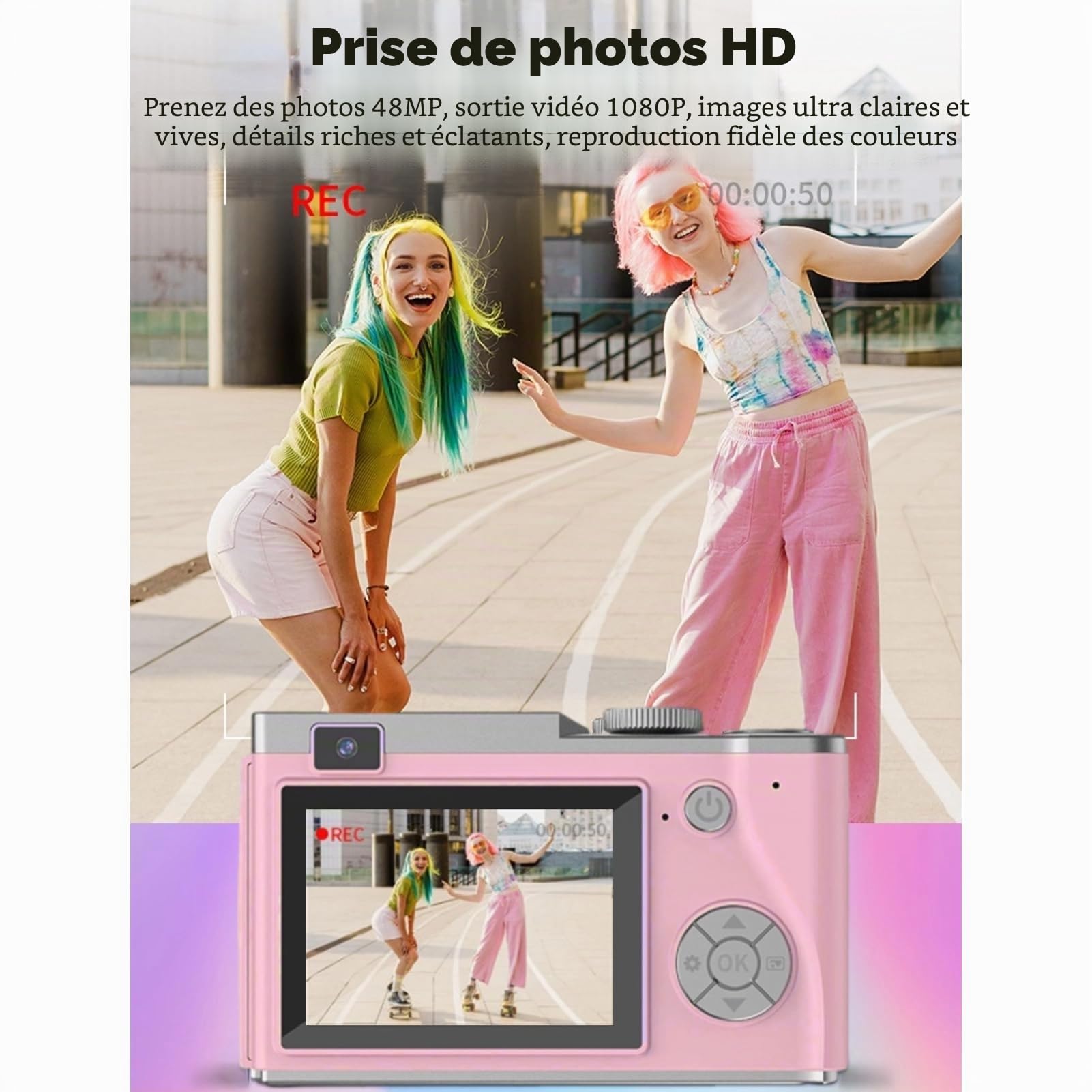 Appareil Photo Numérique 48MP 1080P, Appareil Photo Argentique 16X Zoom Numérique, Écran HD 2,4 Pouces, Double Objectif, Appareil Photo Selfie pour Enfants, Adolescents,