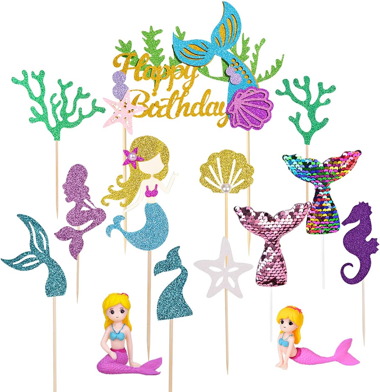 Mermaid Cake Toppers, Dokuna Glitter Mermaid Theme Happy Birthday Mermaid Cake Decorations with 2 Mermaid Figurines for Mermaid Themed Birthday, Baby Shower Party Decorations Supplies