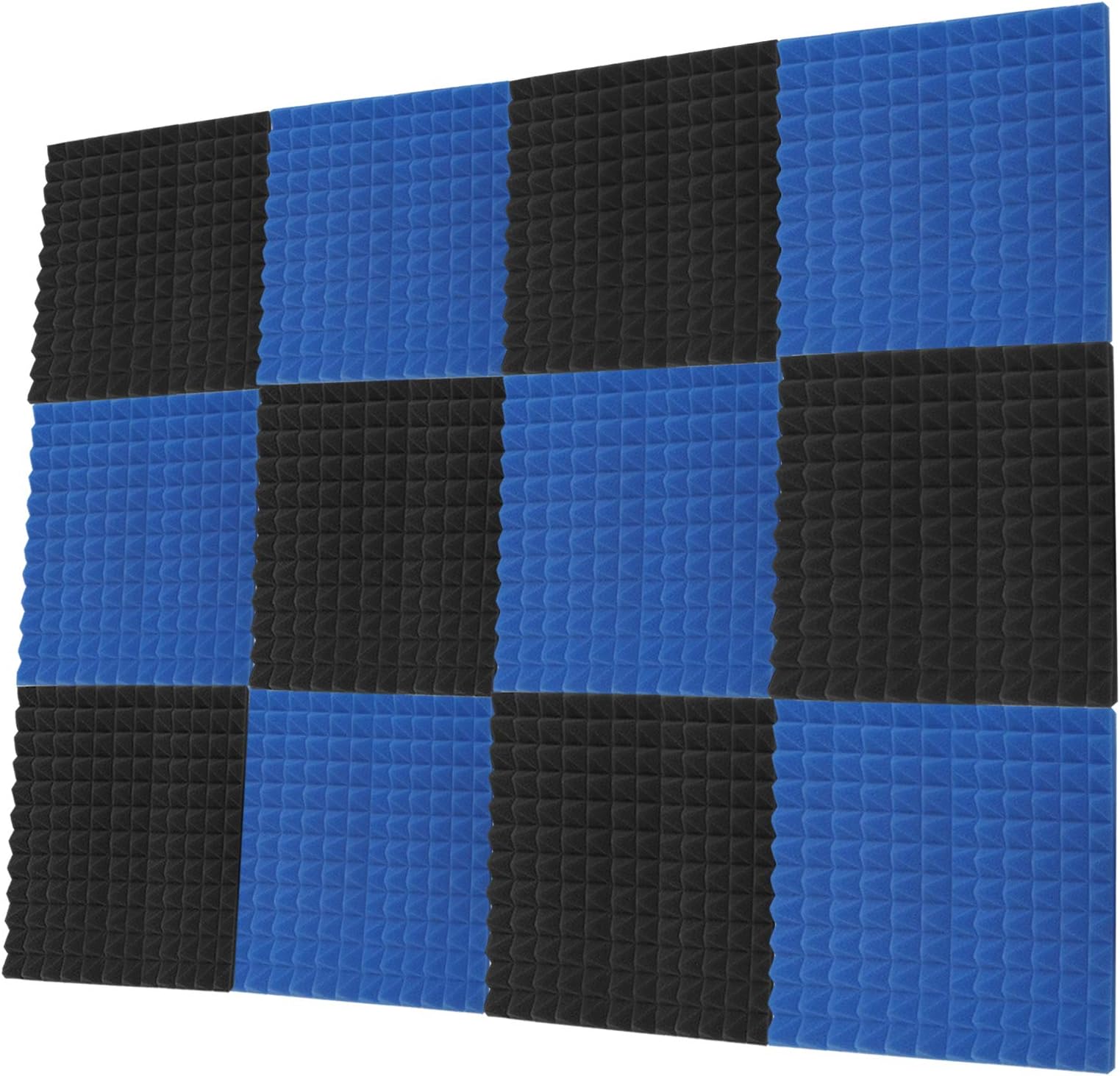 Teraves Acoustic Foam Panels Pyramid Soundproofing Studio Foam Wedges Padding Wall Tiles 2" X 12" X 12" (48 Pack, Charcoal/Blue)