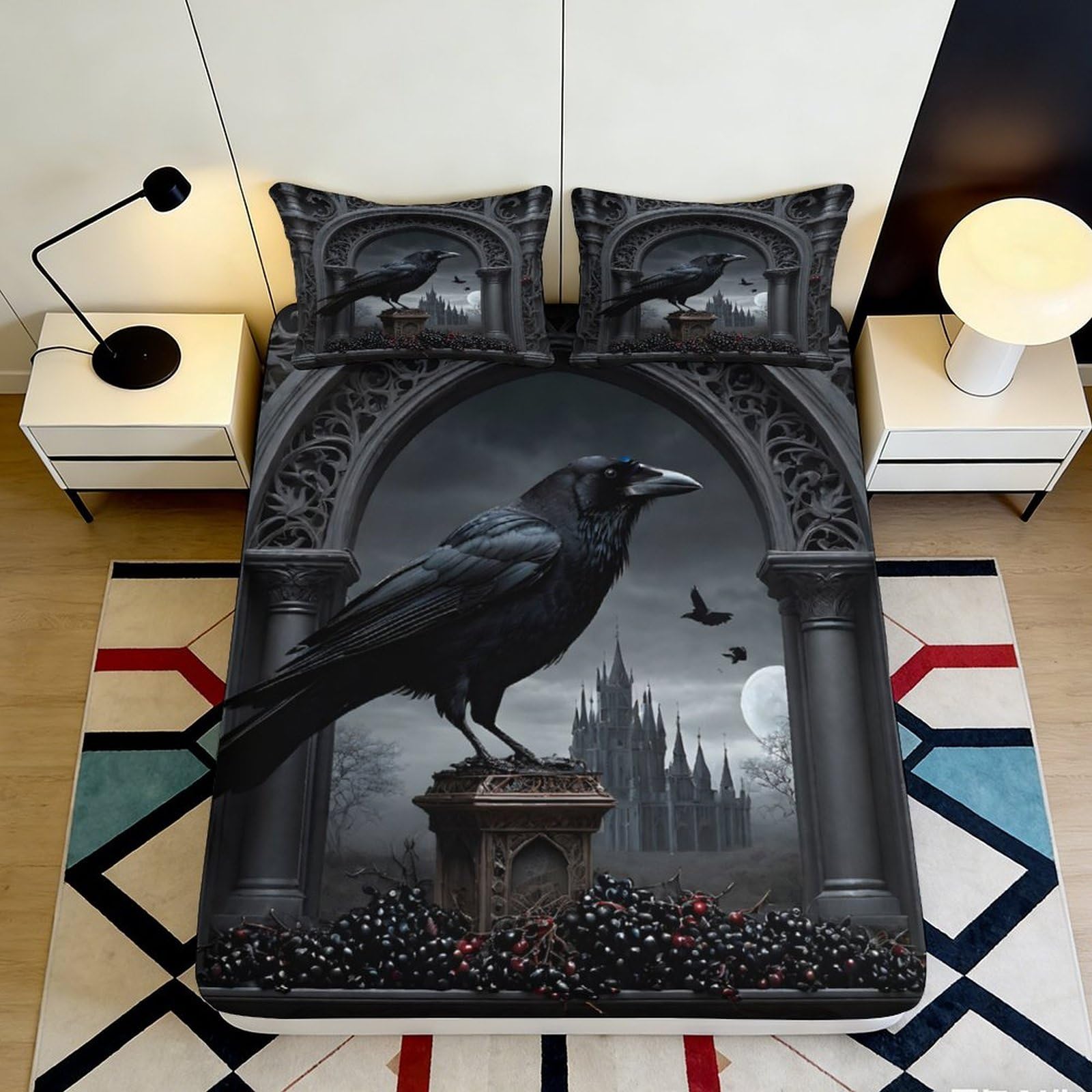 3D Printed Gothic Raven Fitted Sheet Microfiber Black Castle Bed Cover for Bedroom Guest Room Decor 90x200x25cm