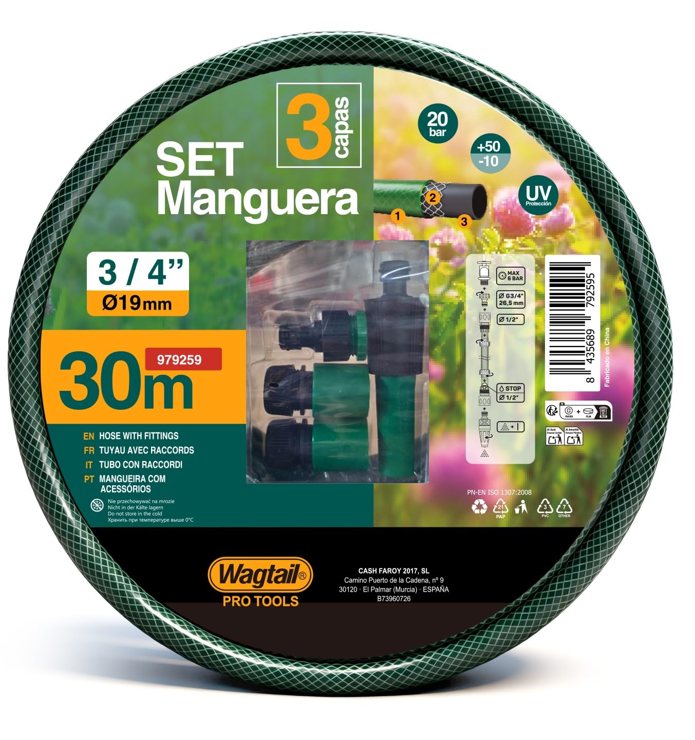 SET - Manguera de Jardín 30M 3/4" Reforzada con Triple Capa, con Conectores Rápidos, Adaptadores y Pistola de Riego, Resistente y Flexible