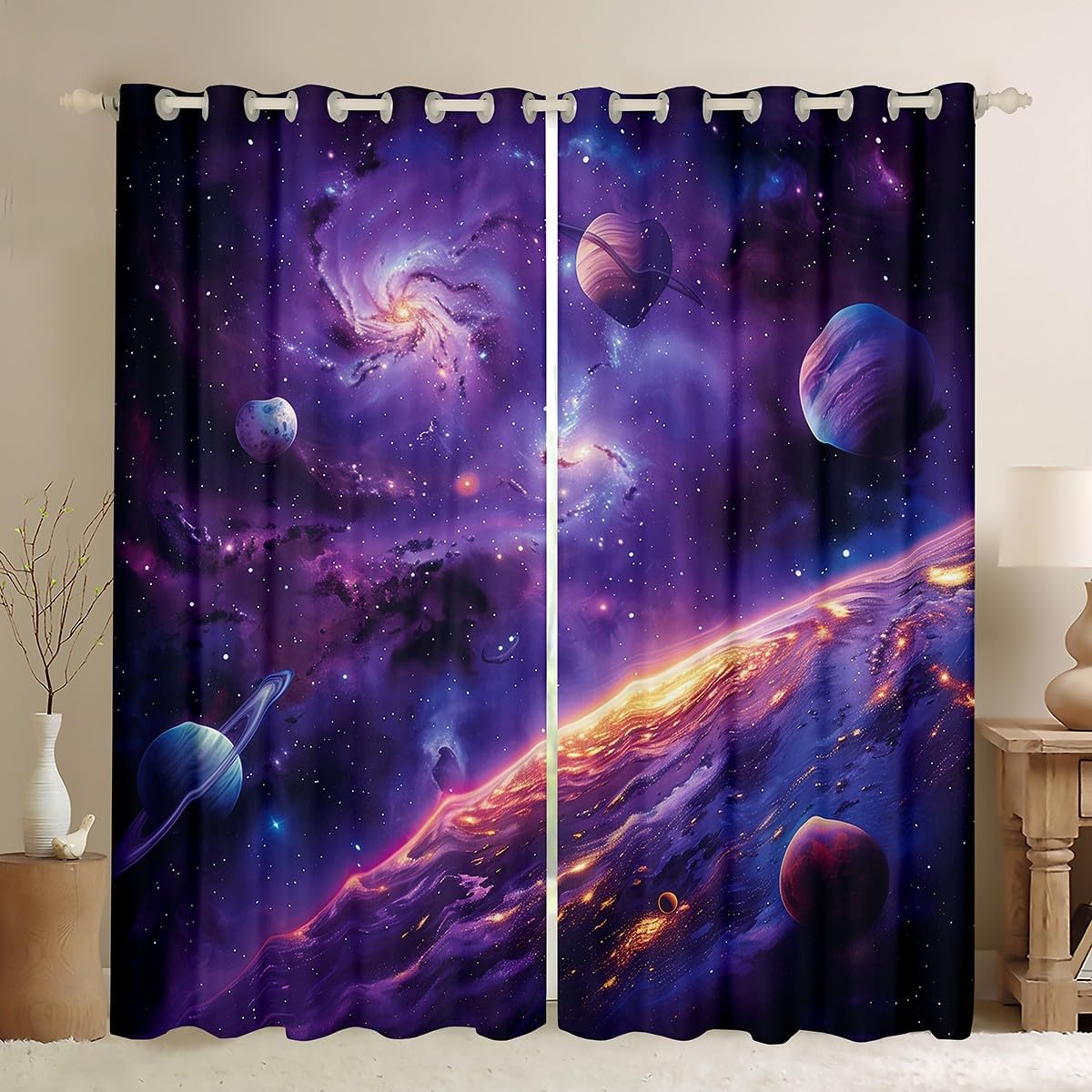 jejeloiu Solar System Curtains for Bedroom Living Room Galaxy Outer Space Darkening Drapes Kids Boys Girls Universe Planets 30%-50% (2 Panels, 38 x 54 Inch) Purple Cosmos Galaxy Window Treatments