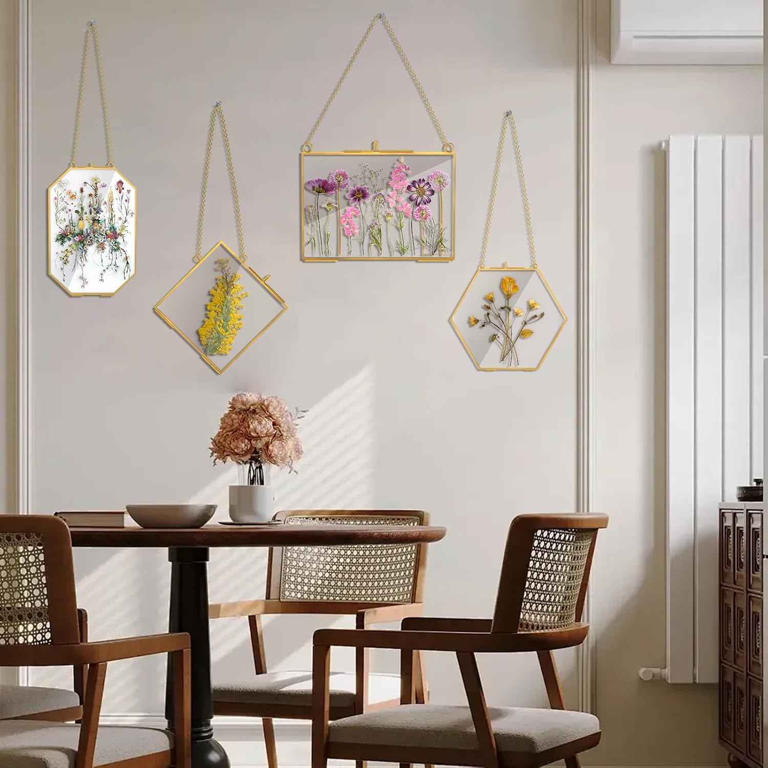4 Pcs Pressed Flower Frame,Golden Hanging Photo Frame Clear Glass Artwork Display Frame with Chain for Dried Plant Gallery Wall Decor DIY Home Wall Art (Gold)