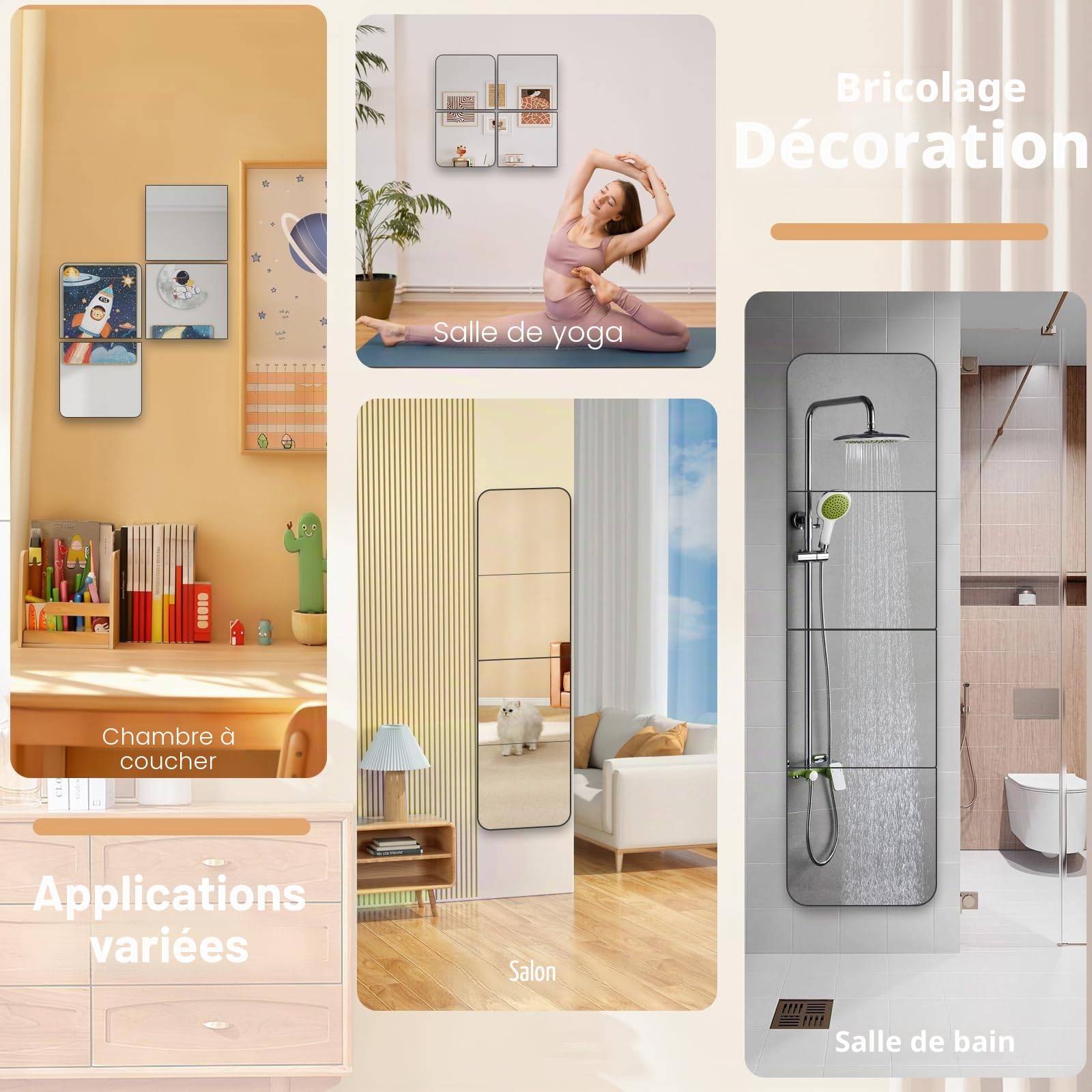 4 Pièces Miroir Mural Adhésif 30 X 30 cm, Miroir Acrylique Incassables Sûr pour Enfants, Grand Miroir Mural Autocollant HD Décoratifs Miroir Adhesif Flexible pour Salle de Bain, Porte, Chambre