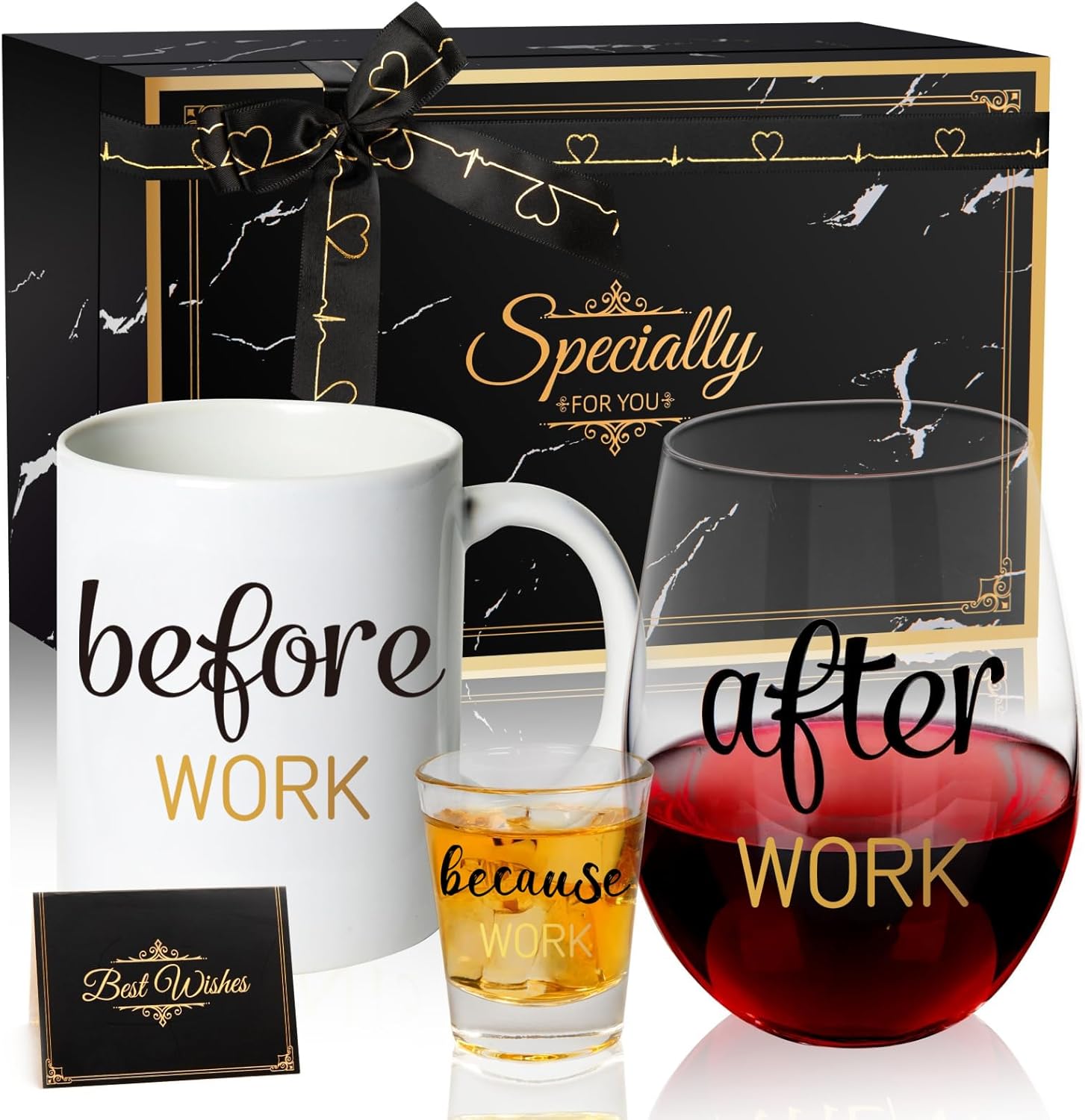 Before Work After Work Because Work Gift Set 11 oz Coffee Mug 18 oz Wine Glass 2 oz Shot Glass with Gifted Box for Coworkers Boss Office Gifts Bosses Day Christmas Farewell Party Gift (Black)