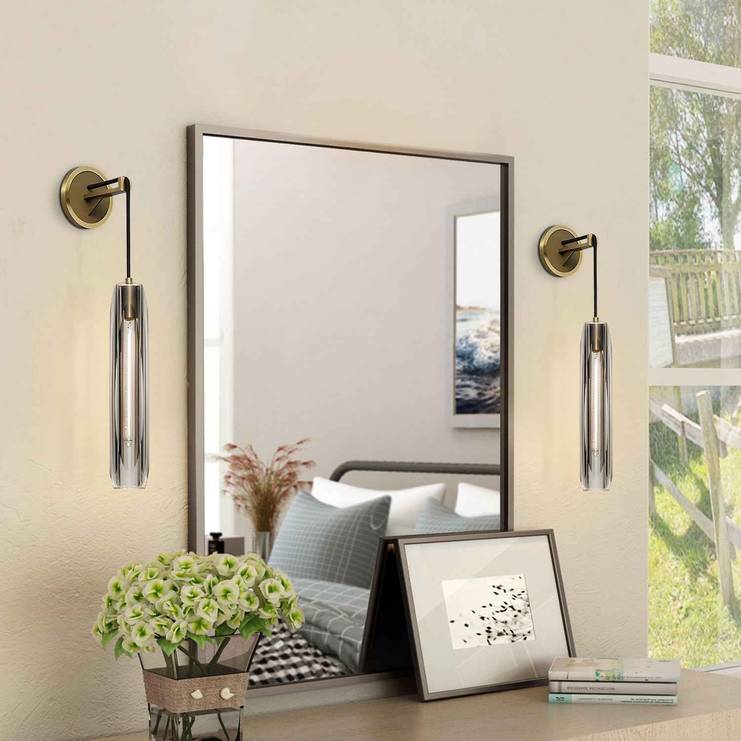 KCO Lighting Long Crystal Wall Sconces Brass Gold Bathroom Vanity Light 15” Smoke Glass Wall Sconce Mid Century Modern Bedroom Wall Lamp Vintage Kitchen Wall Sconce