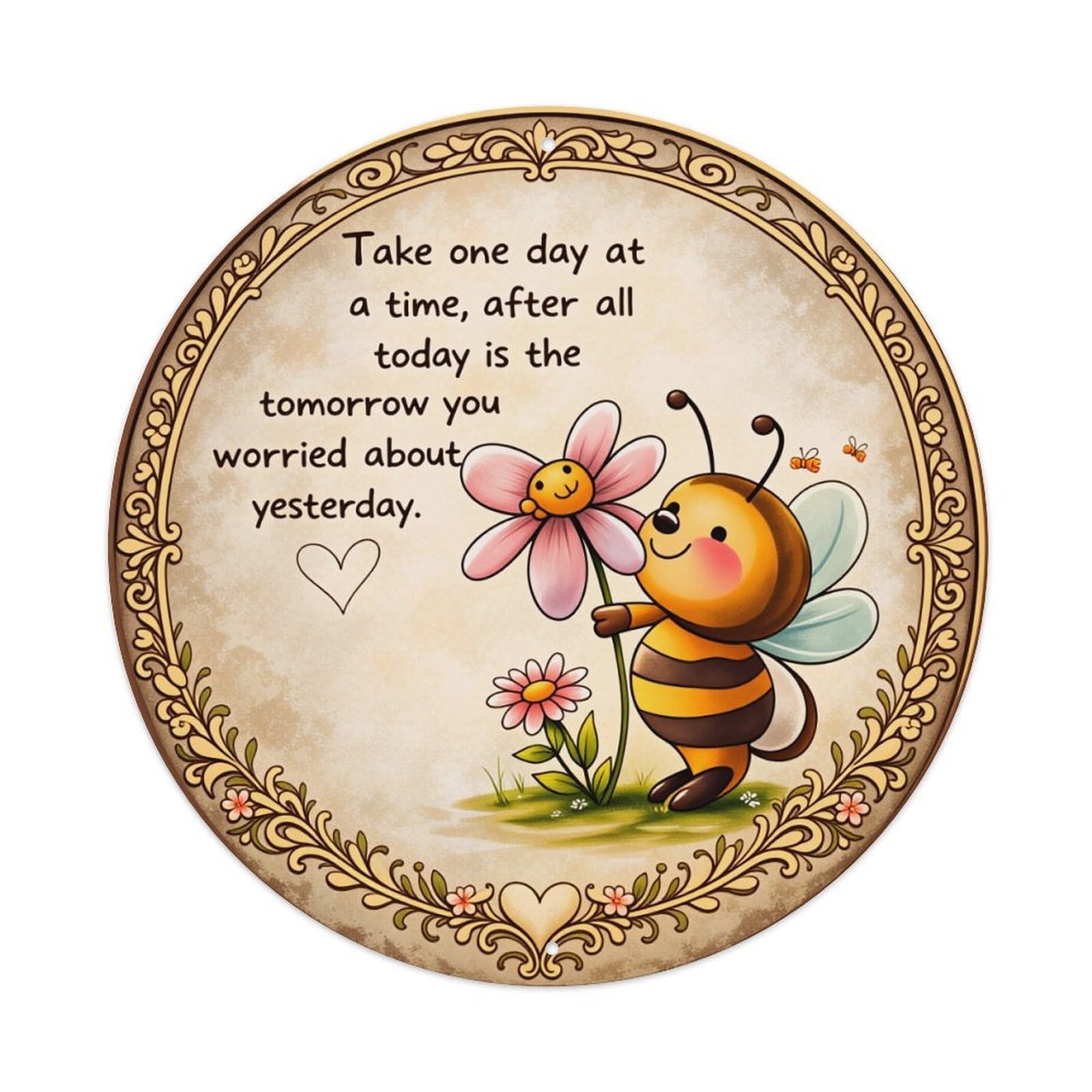 Bee Flower Heart Quote Round Tin Sign Vintage Style Metal Sign Home Bar Garden Wall Plaque Decor Metal Poster 8x8 Inch