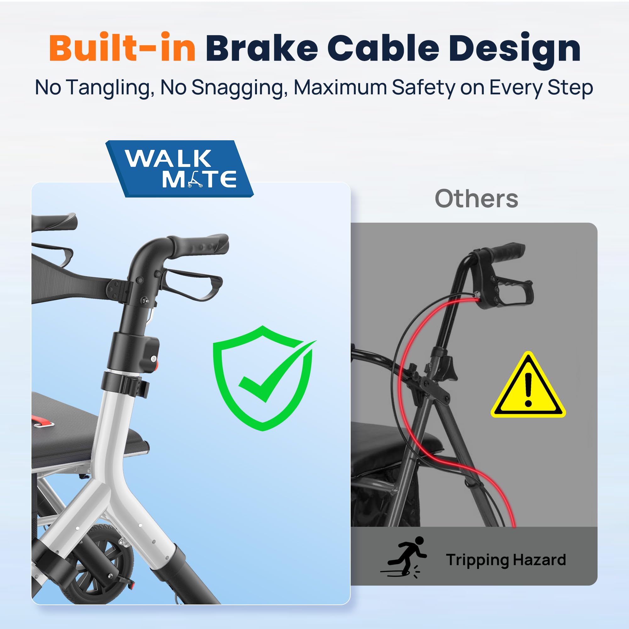 WALK MATE Andador con ruedas para ancianos de 1,5 a 2,8 m con asiento ajustable en altura, ruedas de 25,4 cm, andadores ocultos con alambre, diseño plegable compacto, ayuda para cami