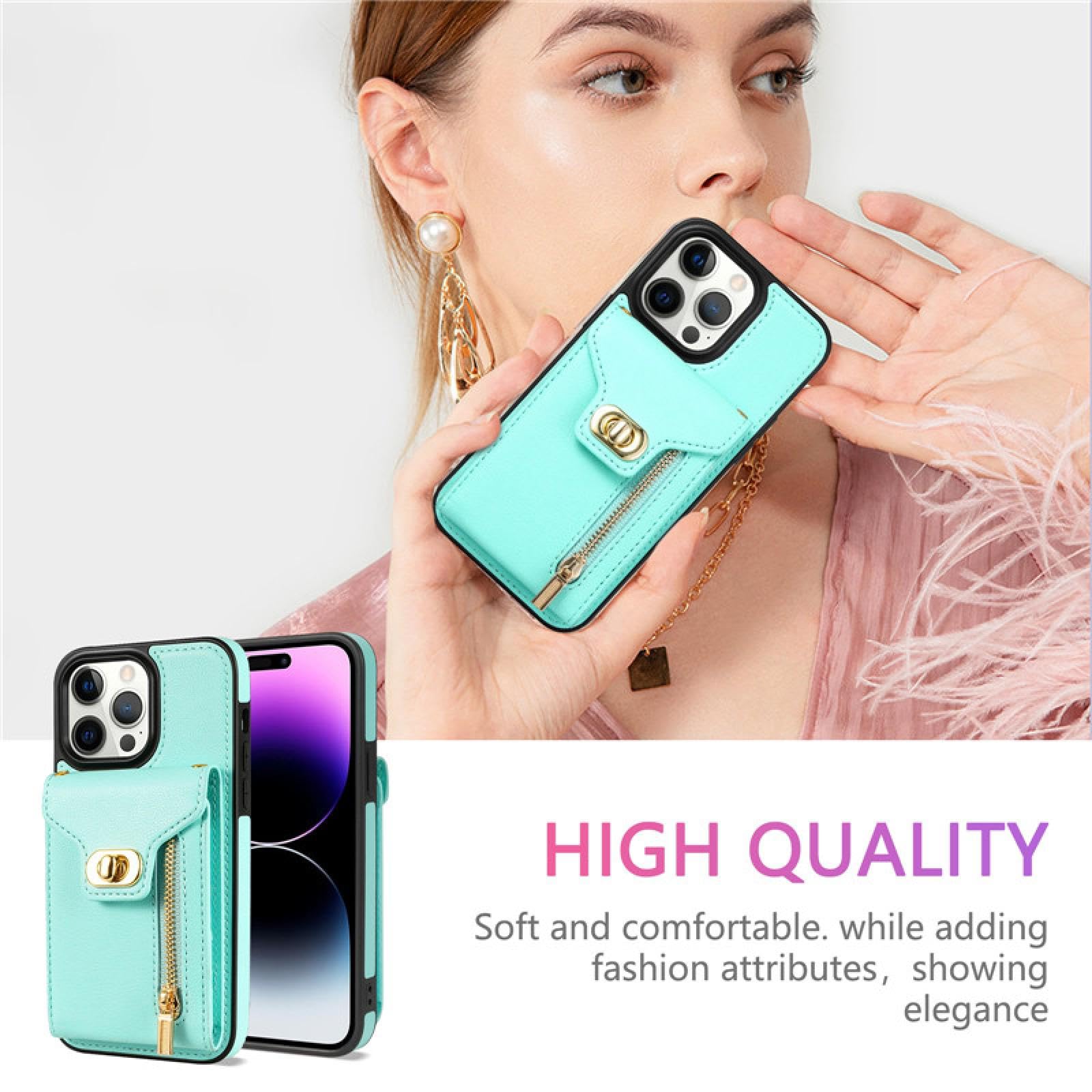 Für iPhone 15 Plus Lanyard Leder Reißverschluss Brieftasche Karte Handyhülle Geldbörse Flip Stand Cover (Für iPhone 15 Plus/schwarz)
