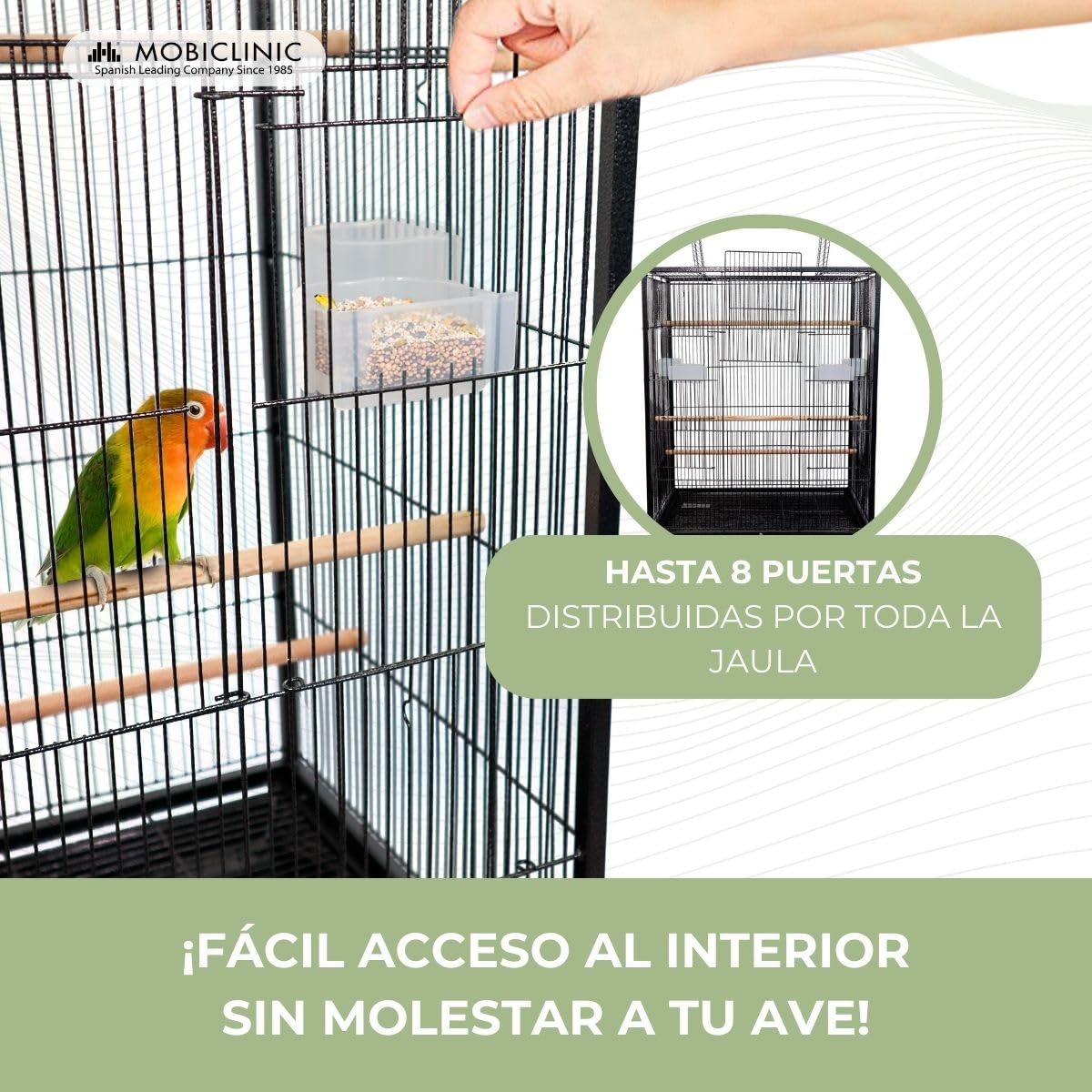 Mobiclinic®, Jaula de Pájaros, XL, con Ruedas, Frenos, Apertura Superior, Bandeja Extraíble, 8 Puertas, Grande, 95x43x61.5 cm, Comederos, Bebederos, Perchas Descanso, Agapornis, Loros, NINFA