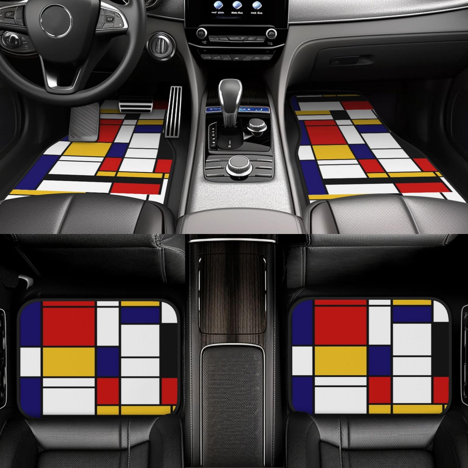Künstlerische Farbkomposition im Mondrian-Stil, Rot, 4er-Set Auto-Fußmatten, Neopren-Fußmatten für Fahrzeuge, rutschfeste Auto-Fußmatten, Autozubehör