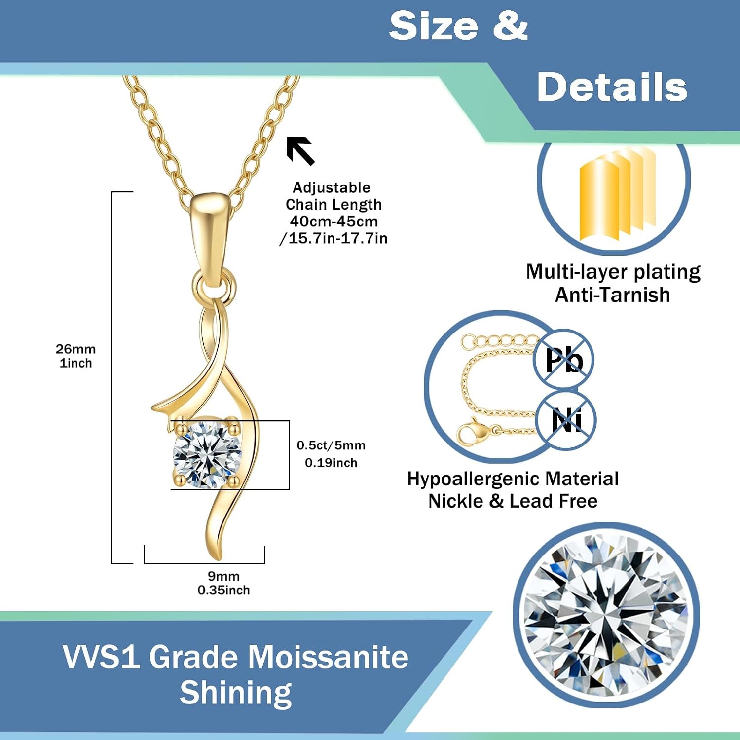 Elegant Twist Moissanite Pendant Necklace for Women, 0.5ct VVS1, 14K Gold Plated, Hypoallergenic, Adjustable 40-45cm Chain, Anti-Tarnish Gift image 4