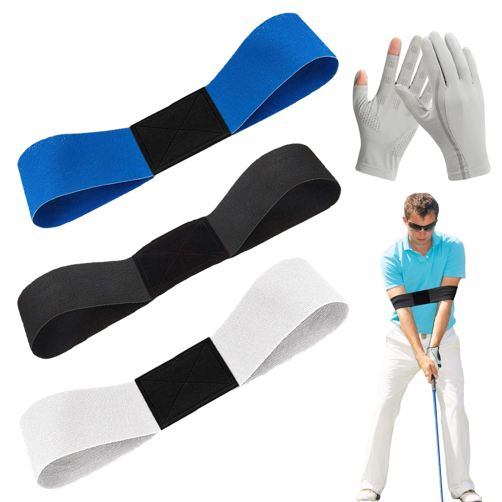 SMYJDMM Golf Connection Band, 3Pcs Golf Swing Training Aid, Professional Motion Posture Correction for Golf Swing Practice Beginners Indoors Outdoors (Black & Blue & White)