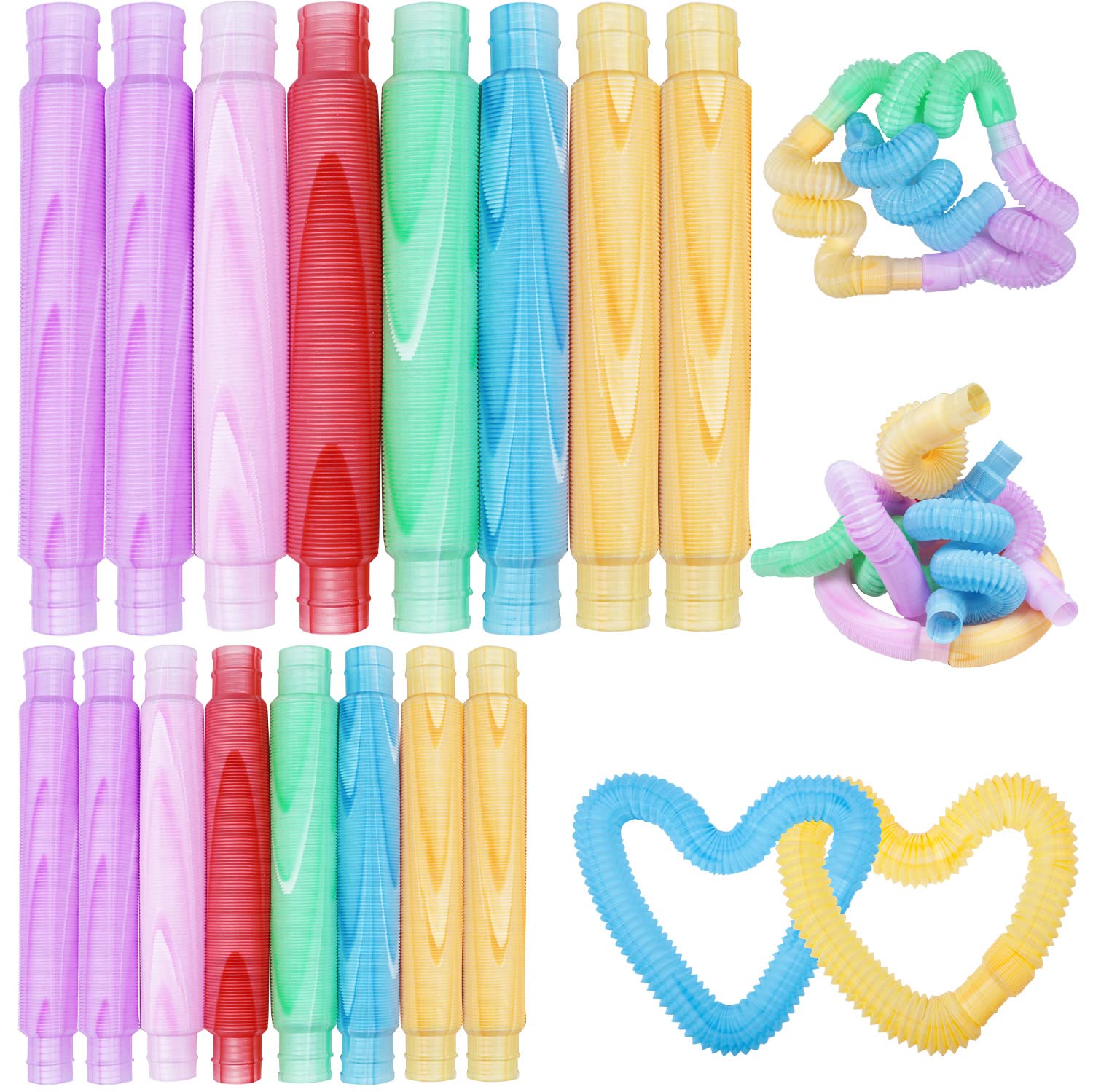 Amazon | ポップチューブ くねくねチューブ 【16本入/リップルライン色】 ポップちゅーぶ ポップ パイプ ホース ストレス 解消 pop  tube DIY レインボーポップ SNS インスタ 流行 プレゼント 子供 6歳以上 (S+M, リップルライン色) | スクイーズ | おもちゃ