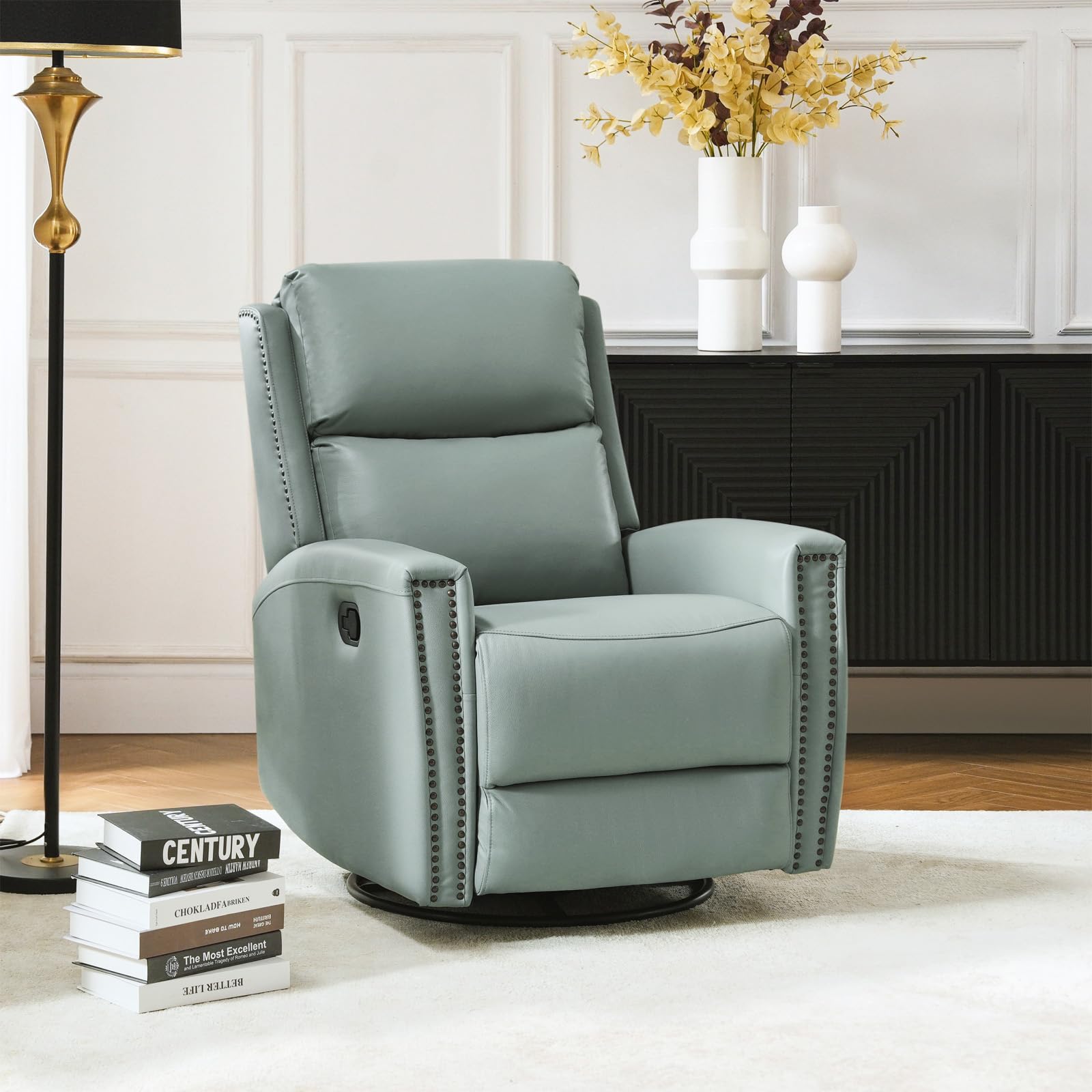 HULALA HOME Genuine Leather Swivel Rocker Recliner Sage