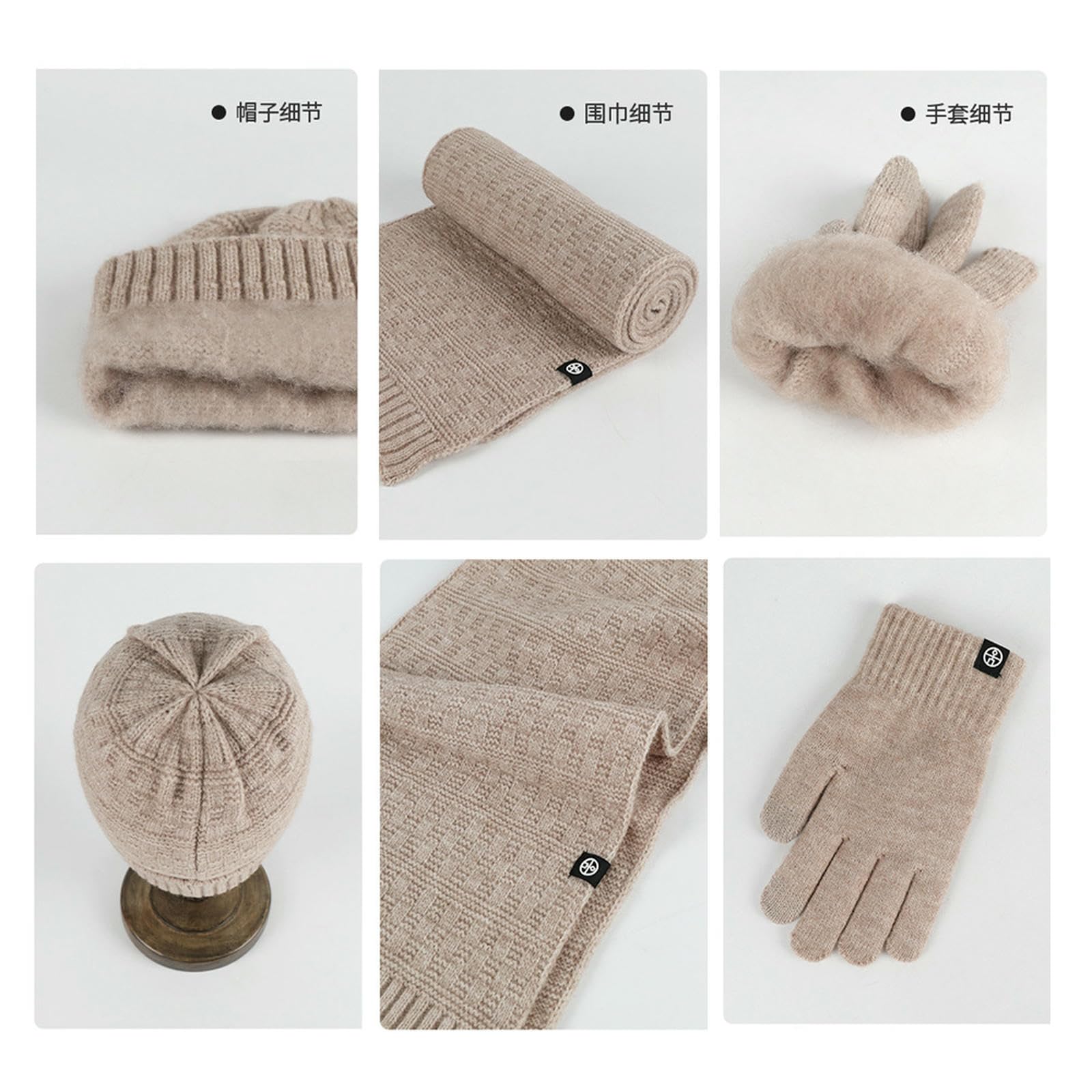 Wintermütze Schal Handschuhe Set Gestricktes Dreiteiliges Aus Mütze Und Für Herbst Winter (Kariertes Muster) – Stilvoll Einfach-schwarz
