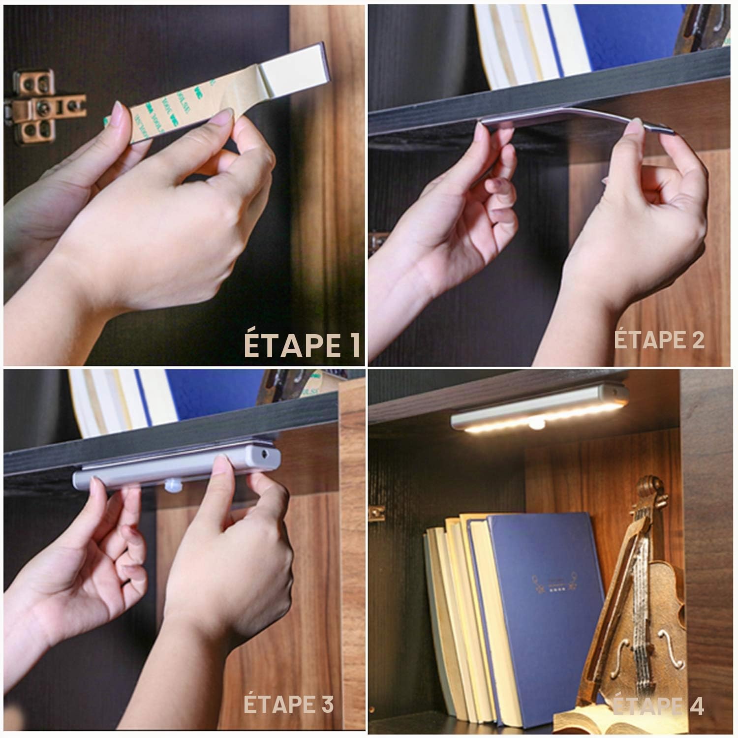 LDOPTO Lampe murale sans fil, Lampe cuisine armoire veilleuse autocollante Telecommande Sans Fil pour Escalier Miroir Cuisine Vitrines Cabinet 4-Pack