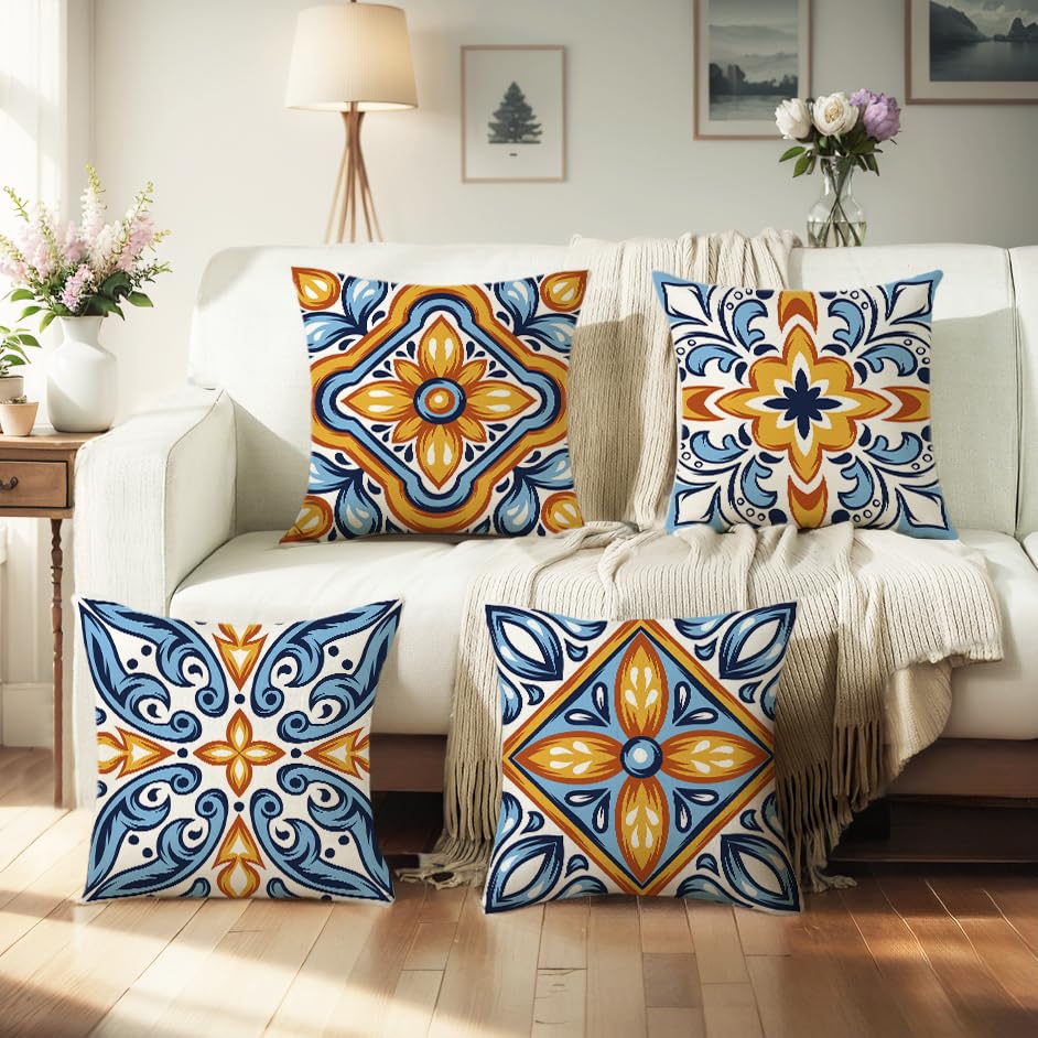 wyooxoo Decorative Blue Pillow Covers 18x18 Outdoor Farmhouse Pillow Covers Cushion Cover Set of 4 Linen Square Throw Pillow Cases for Couch Sofa Car Living Room Patio Furniture