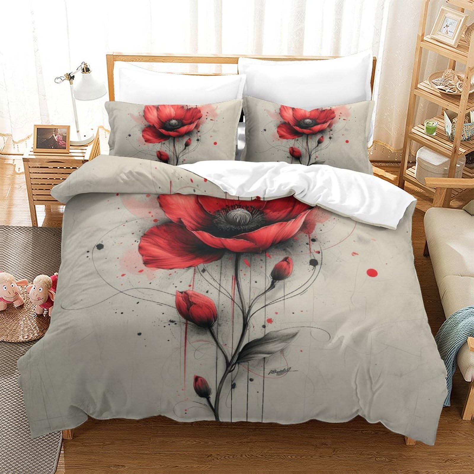 Housse de couette fleurs rouges 3D parure de lit 3 pièces microfibre 220x240 taie oreiller ado