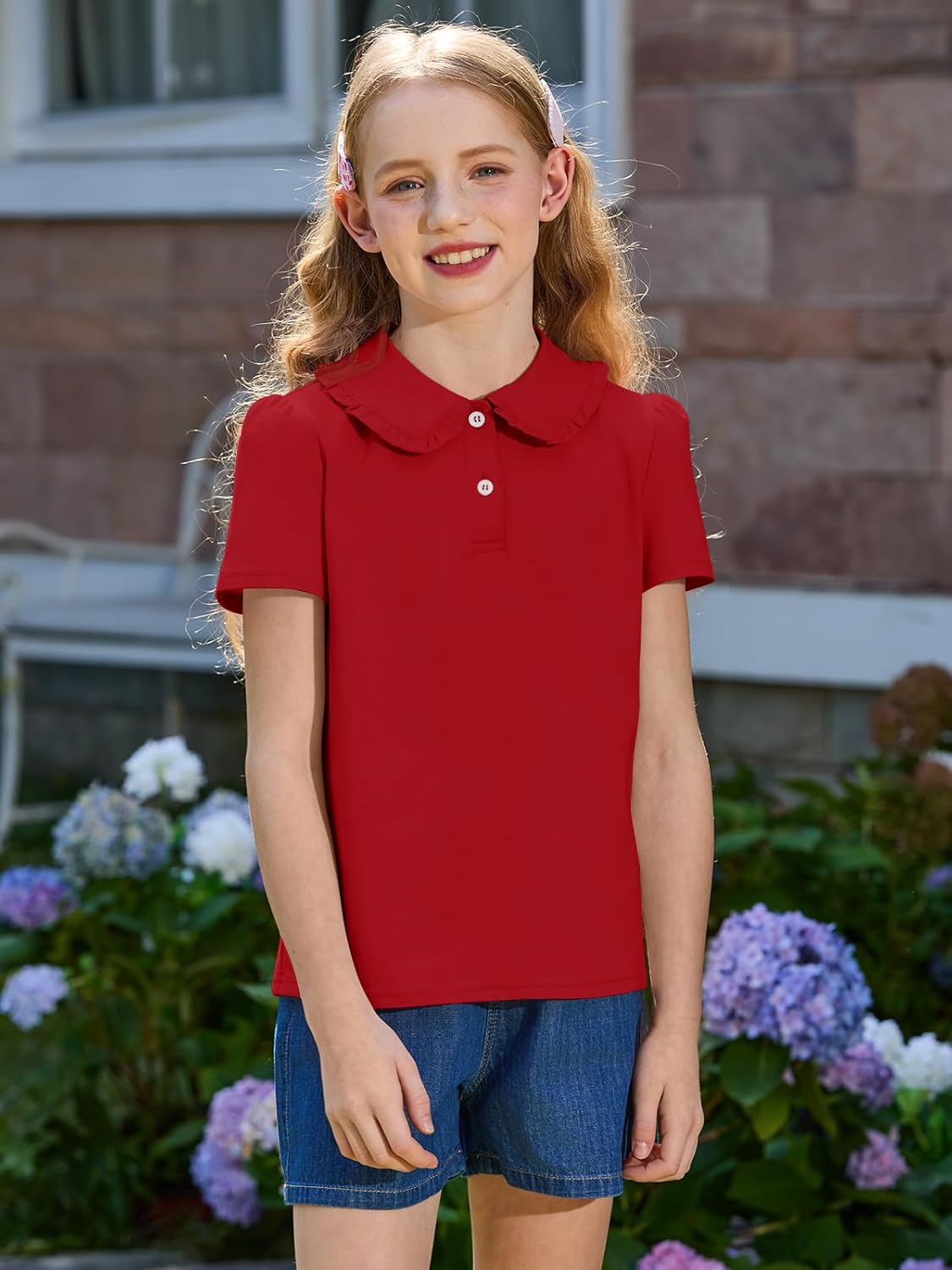 Haloumoning Girls Short Sleeve Polo Shirt Kids Cute Ruffle Peter Pan Collar School Uniform Shirts Tops 5-14 Years - Image 3