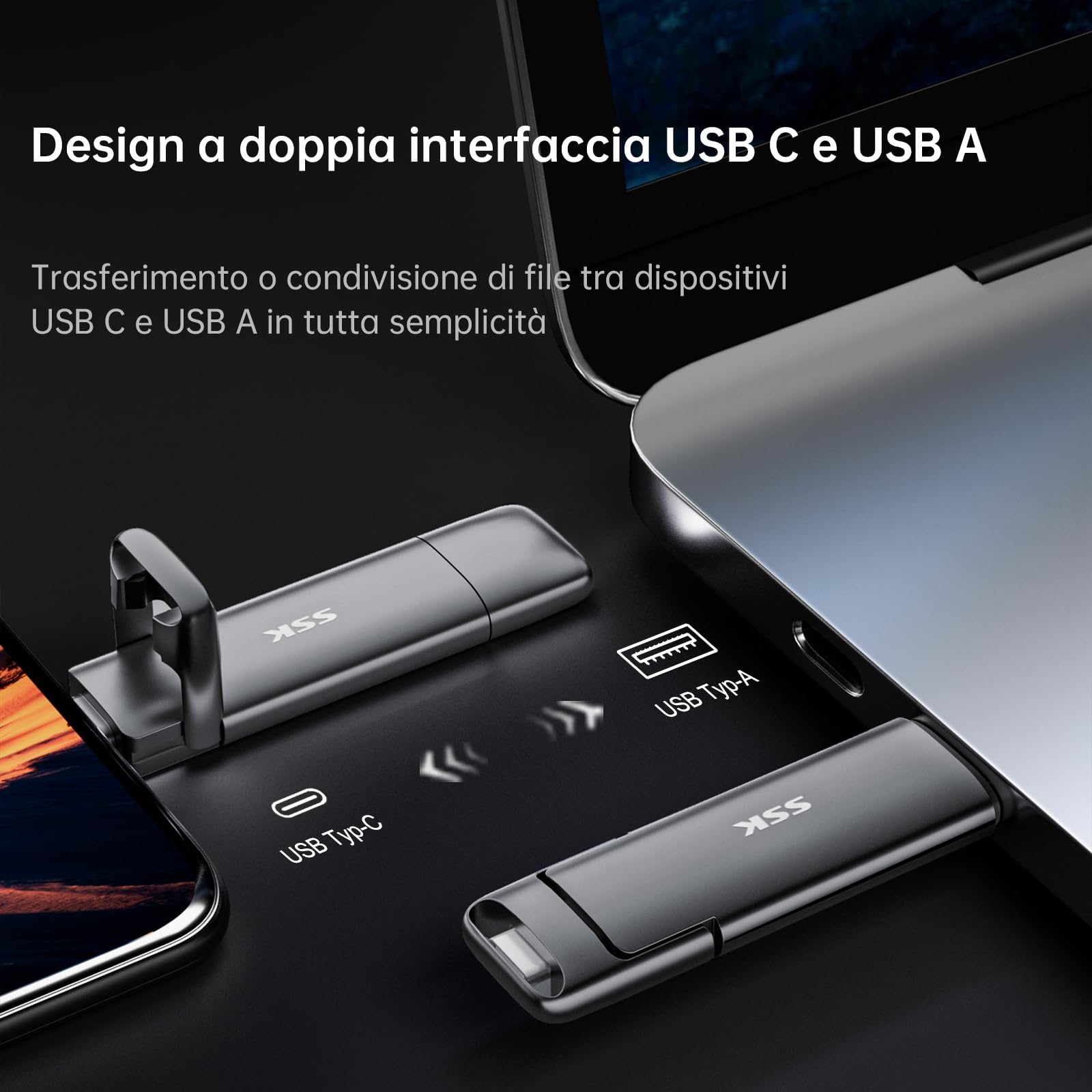 SSK SSD esterno portatile da 128GB Dual USB 3.2 Gen 2 Unità a stato solido fino a 550MB/s in lettura, adattatore USB A + tipo C 2 in 1 Disco rigido SSD da 128GB per laptop, tablet e altro