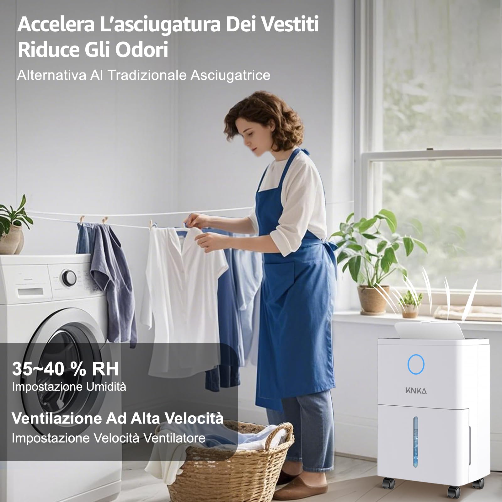 Deumidificatore KNKA, 9L/24H, Deumidificatore Casa Muffa, Indicatore Di Umidità LED, Allarme Serbatoio Pieno, Ruote Rimovibili, Compatto E Portatile, 60 m³ (25 m²), Per Bagno, Armadio, Lavanderia - Vista 4