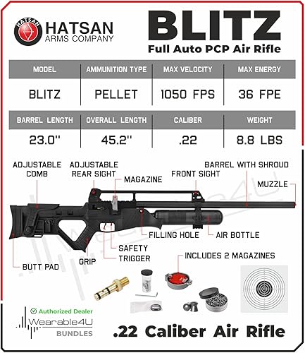 Miniatura 3 de Hatsan Blitz - Rifle de aire PCP completo automático con paquete de 100 blancos de papel portátiles 4U y pellets de plomo incluidos