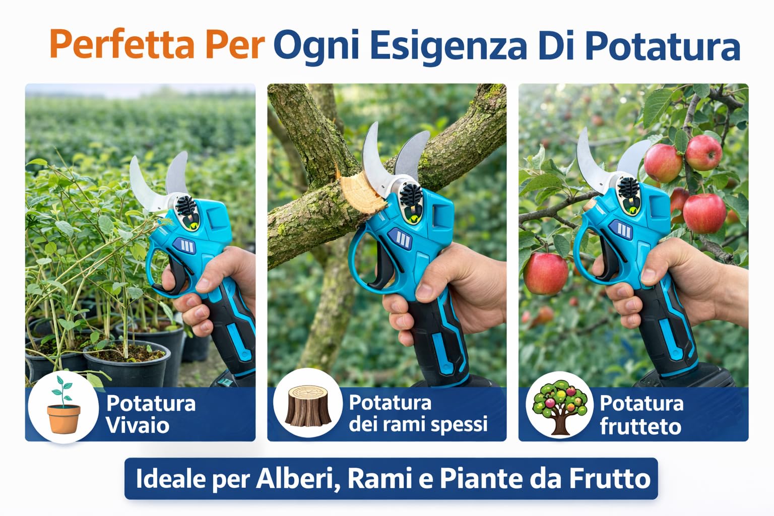 Forbice da Potatura, 2 anni di Garanzia, Doppia Batteria 48V, Kit accessori, Carica Batterie incluso, Cesoia da potatura Elettrica, Cesoie per Giardinaggio