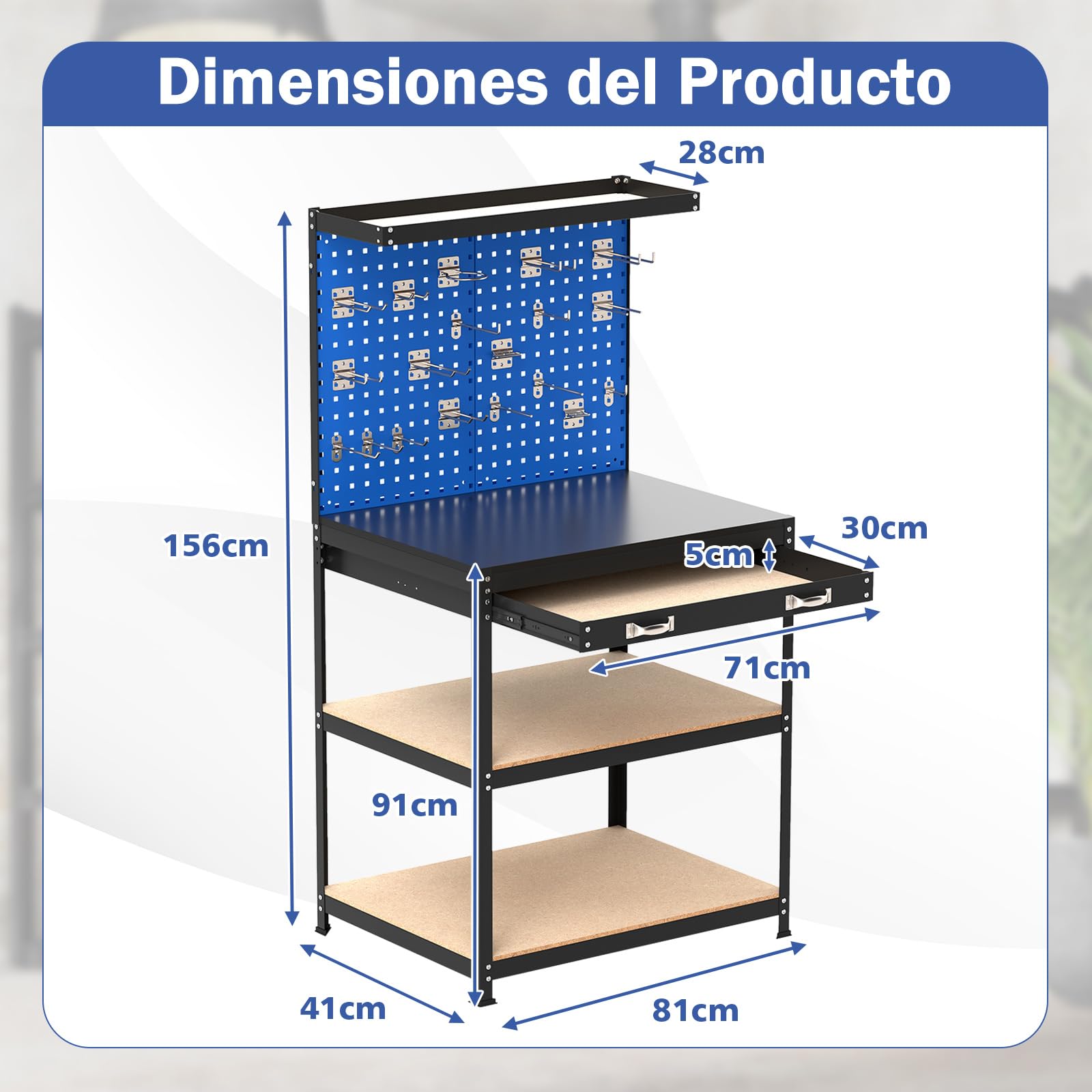 COSTWAY Banco de Trabajo Taller, Capacidad de 225 kg, Mesa de Trabajo con 3 Paneles de Perforación, 2 Cajones y Estantes, 20 Ganchos para Colgar (Azul,81 x 41 x 156 cm)