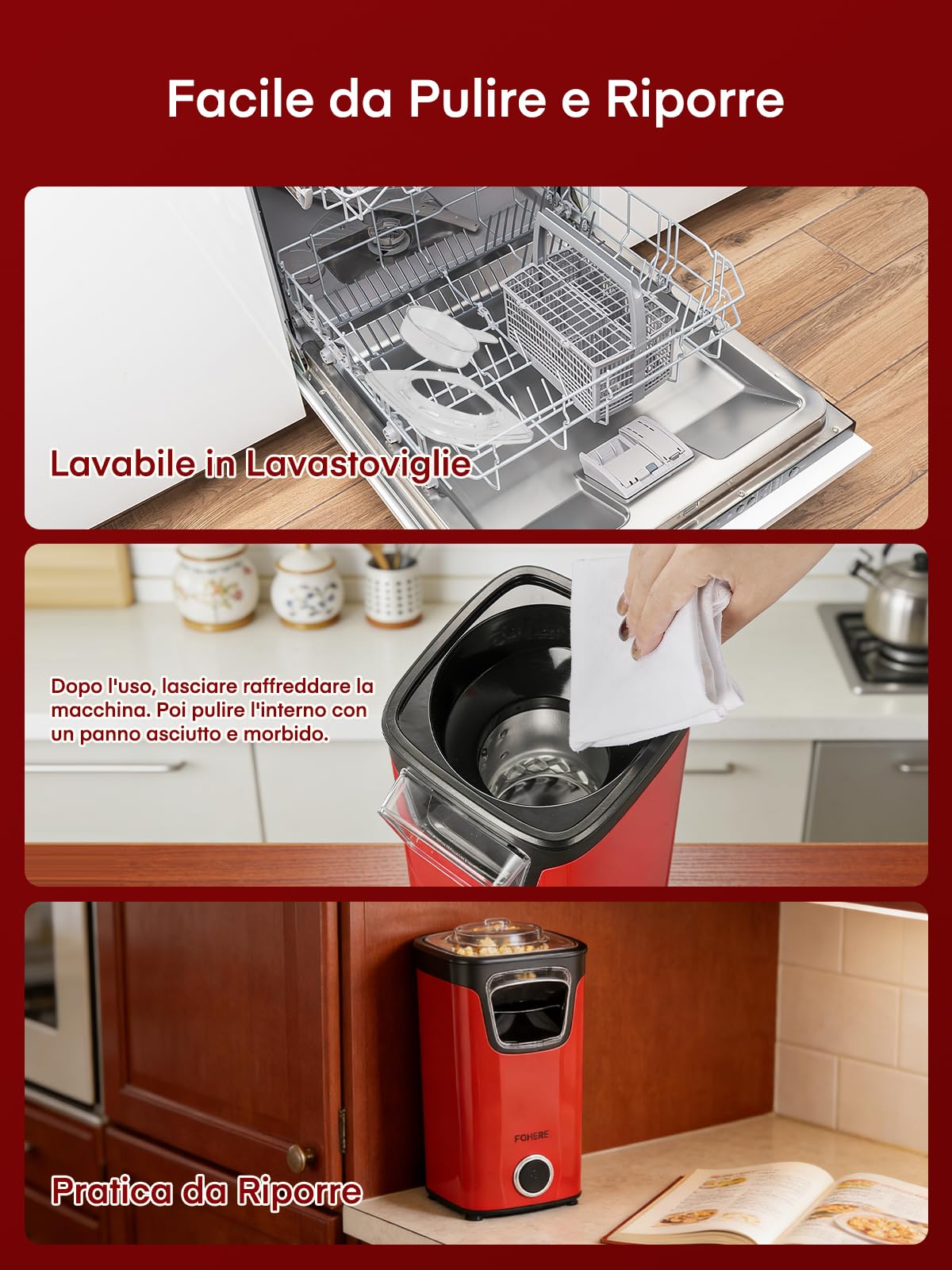 FOHERE Macchina Popcorn, 1100W Macchina per Pop Corn Dotato di Misurino e Coperchio Trasparente, Senza Grassi Né Oli, Gustoso e Salutare, Ideale per Serate Cinematografiche e il Natale