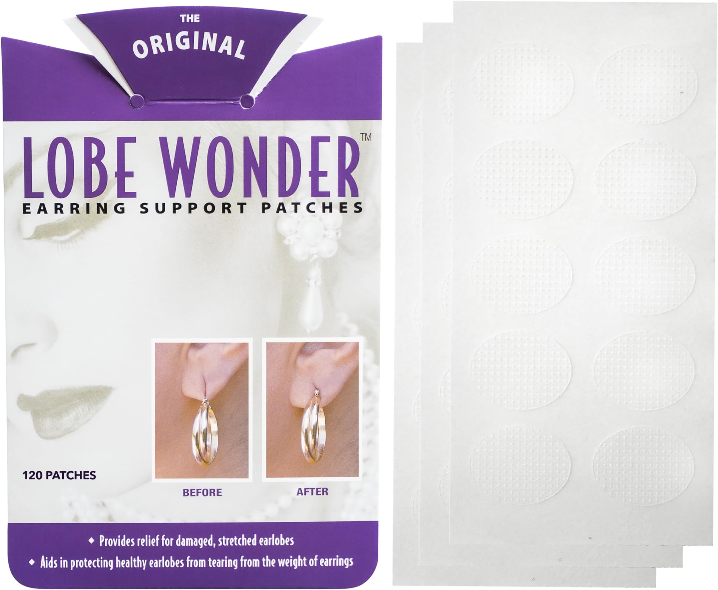 Lobe Wonder - The ORIGINAL Ear Lobe Support Patch for Pierced Ears - Eliminates the Look of Torn or Stretched Piercings - Protects Healthy Ear Lobes from Tearing - 120 Patches - Clear & Latex-Free