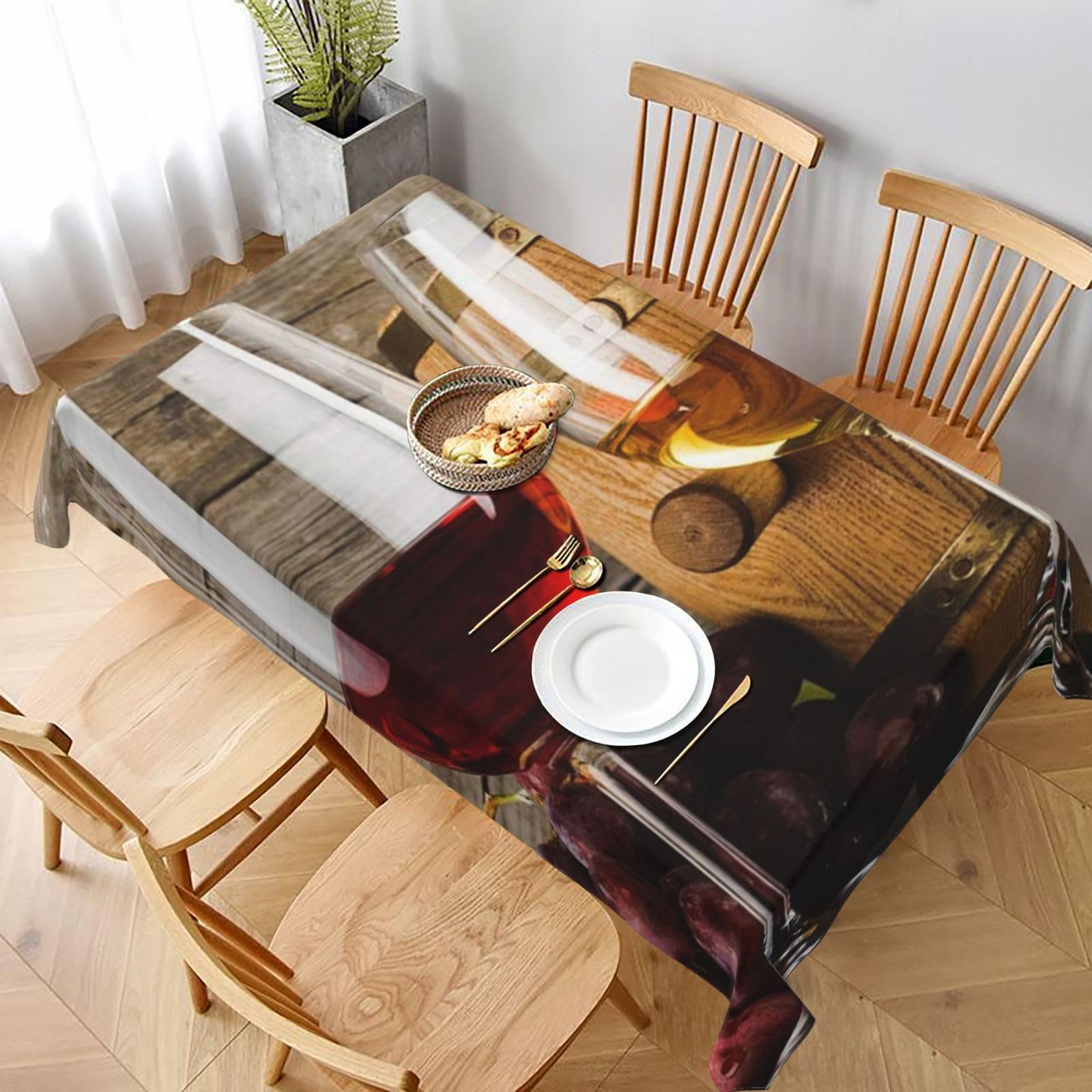 BNVSADC Red Wine Galsses & Grapes with Wooden Printed Rectangle Tablecloth 228x152 CM, Water Resistant Polyester Table Cloth Decorative Fabric Table Covers for Kitchen Dining Table Parties Camping