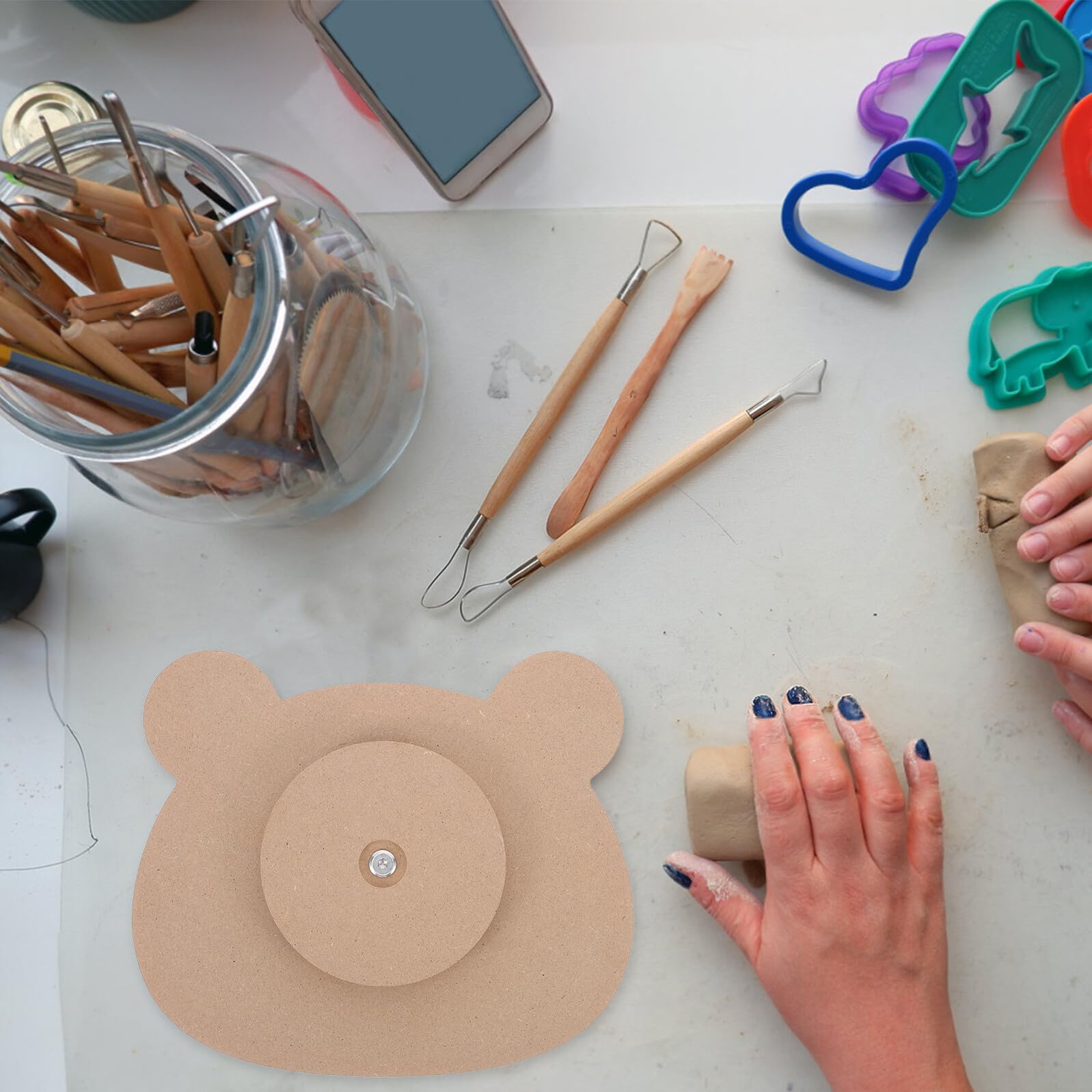 SOIMISS Stampo per Formatura Piatto in Ceramica a Forma di Orso in Legno Base, Set per Modellazione Argilla Artigianale, per Hobby Creativi e Laboratori Domestici