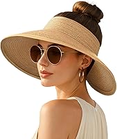Rosoz Women's Wide Brim Straw Sun Visor Hat with Ponytail Hole - Foldable Floppy Beach Hat UPF Protection
