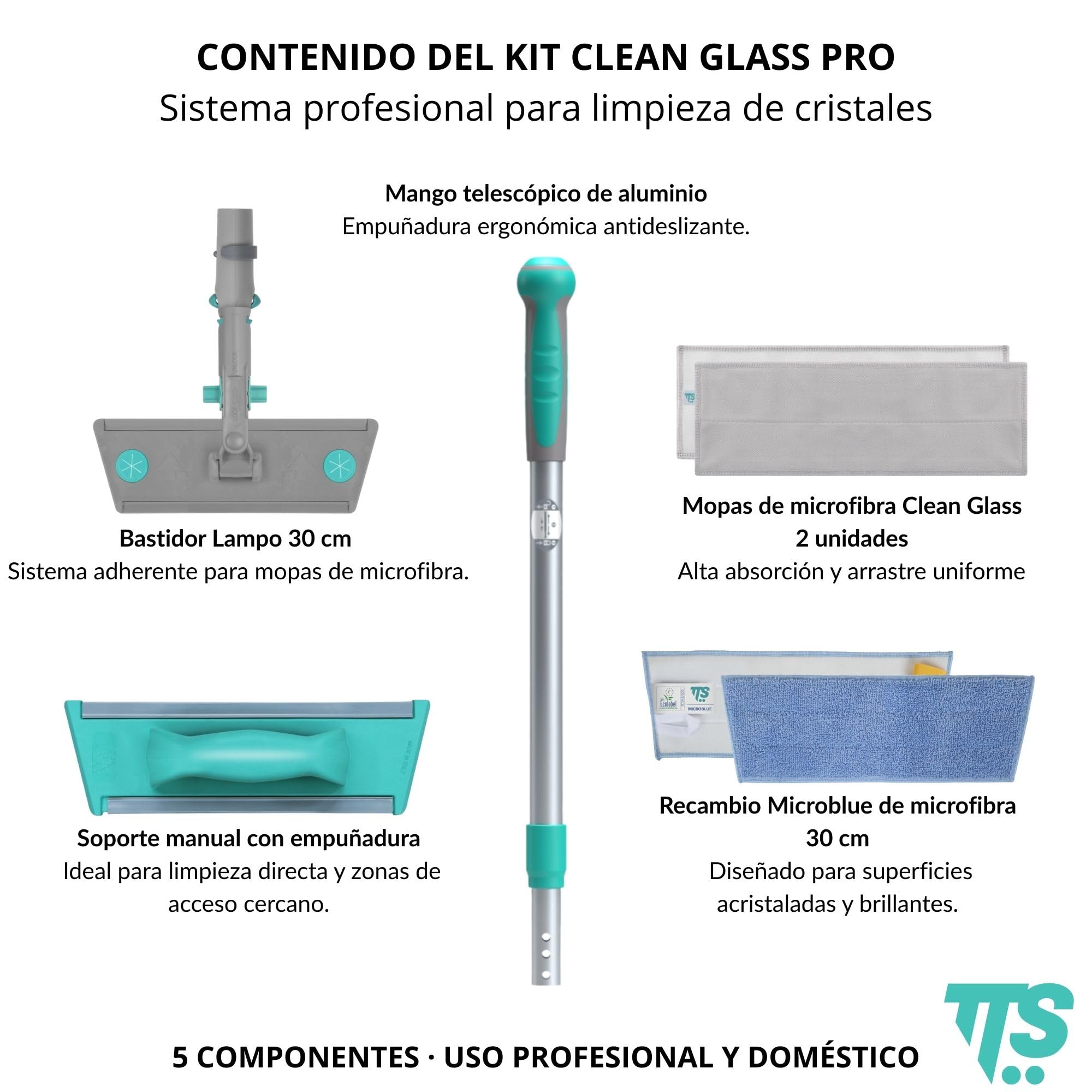Kit Profesional de Limpieza de Cristales Clean Glass Kit Pro – Sistema Completo para Ventanas, Mamparas y Superficies Acristaladas – Uso Profesional y Doméstico