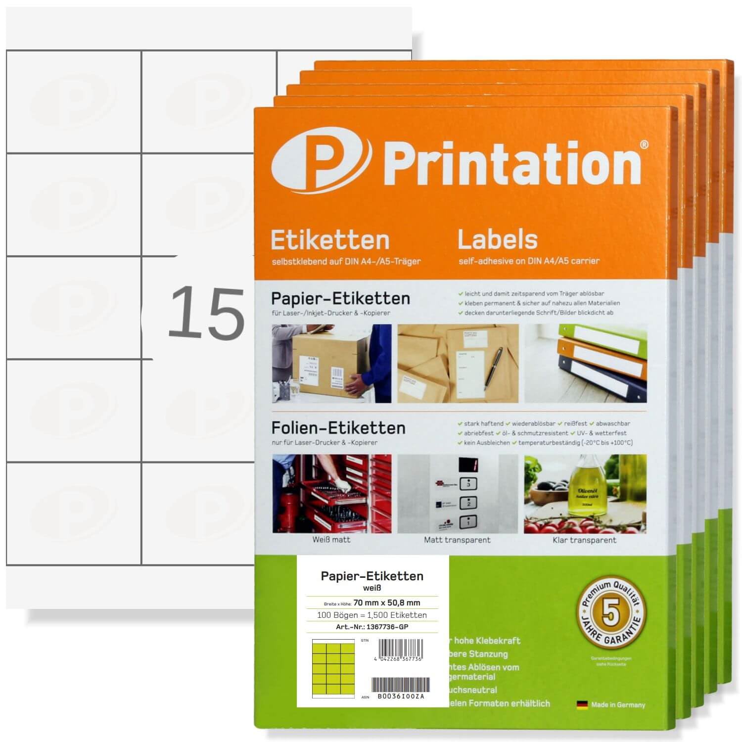 Printation 70 x 50,8 mm Disketten, Buch Marmeladen Etiketten selbstklebend blanko weiß - 7500 Labels 70x50,8 auf 500 A4 Bogen 3x5 BigPack - 16 pro A4 Blatt - Klebeetiketten bedruckbar - 3669 4278 5055