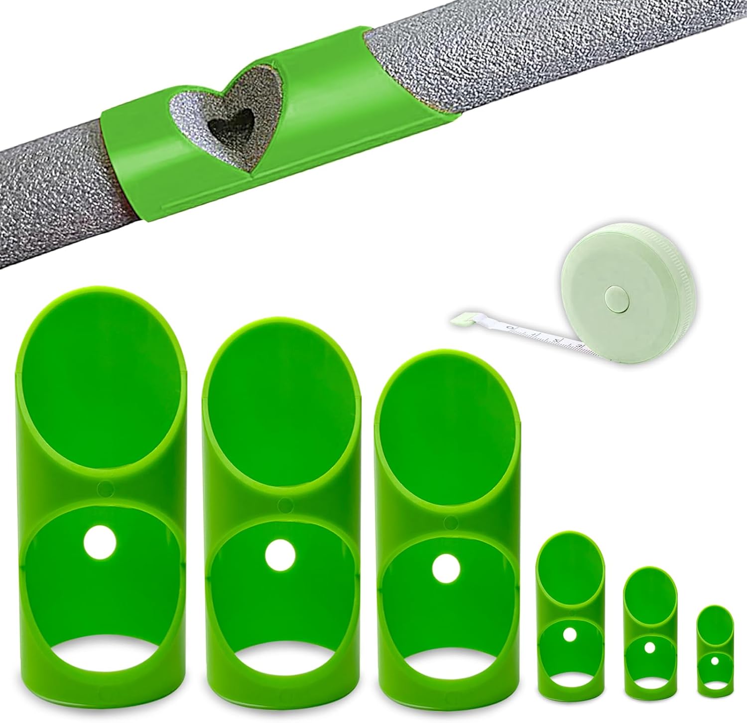 6PCS Pipe Insulation Cutting Guide， Molded Foam Pipe Cutter Tool with 15MM-53MM Insulation Cutting Fixture for Home/Industrial/Commercial Plumbing + Bonus 59" Tape Measure (Green)