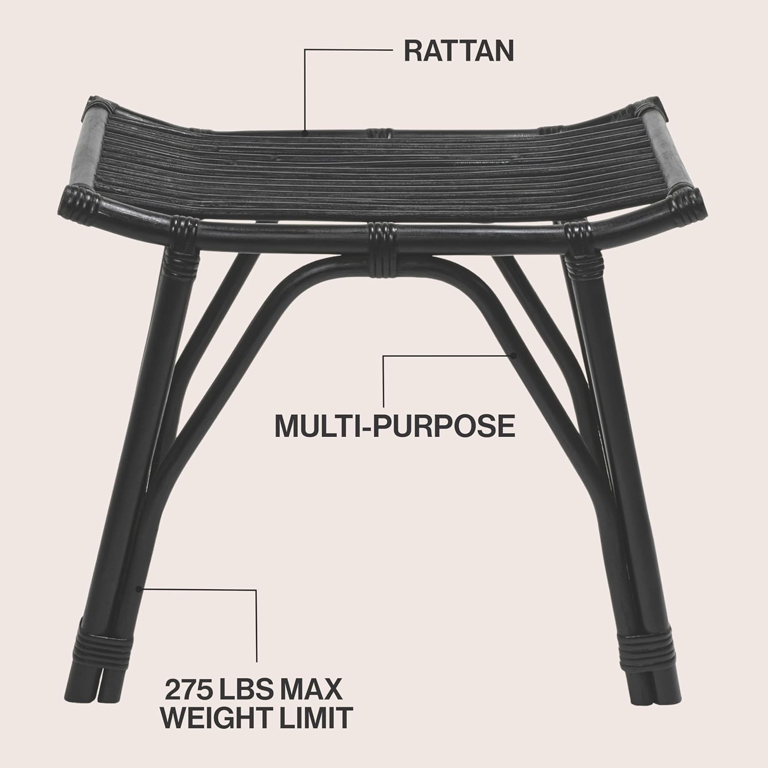 JONATHAN Y Gabriel 18" Black Handcrafted Rattan and Teak Wood Vanity Stool, Bohemian Backless Accent Ottoman Footstool STL3005C